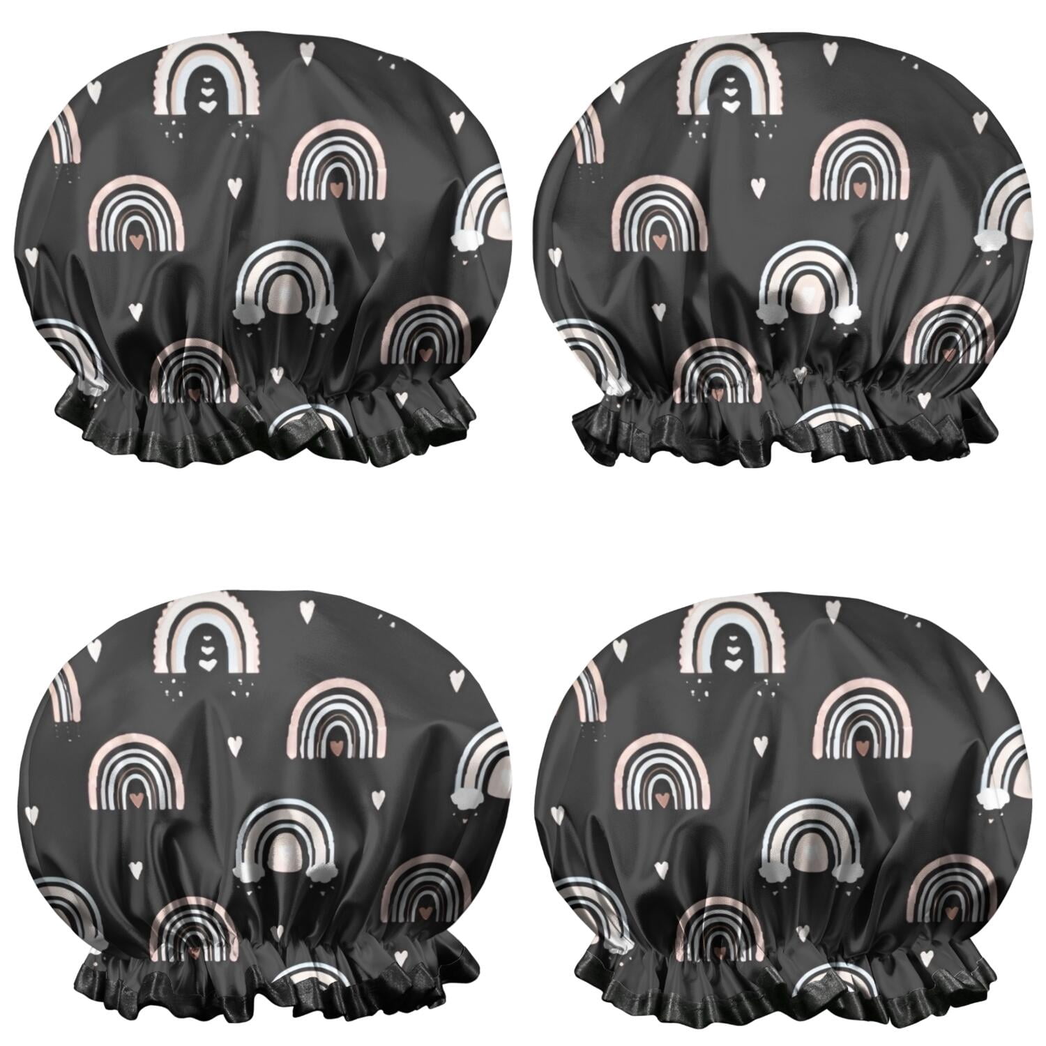 Shower Caps,Black Boho Bohemia Rainbow Hearts Pattern Waterproof Shower Cap for Women 4 Pieces,Double Reusable Hair Cover for Shower PEVA Elastic Stretch Hem
