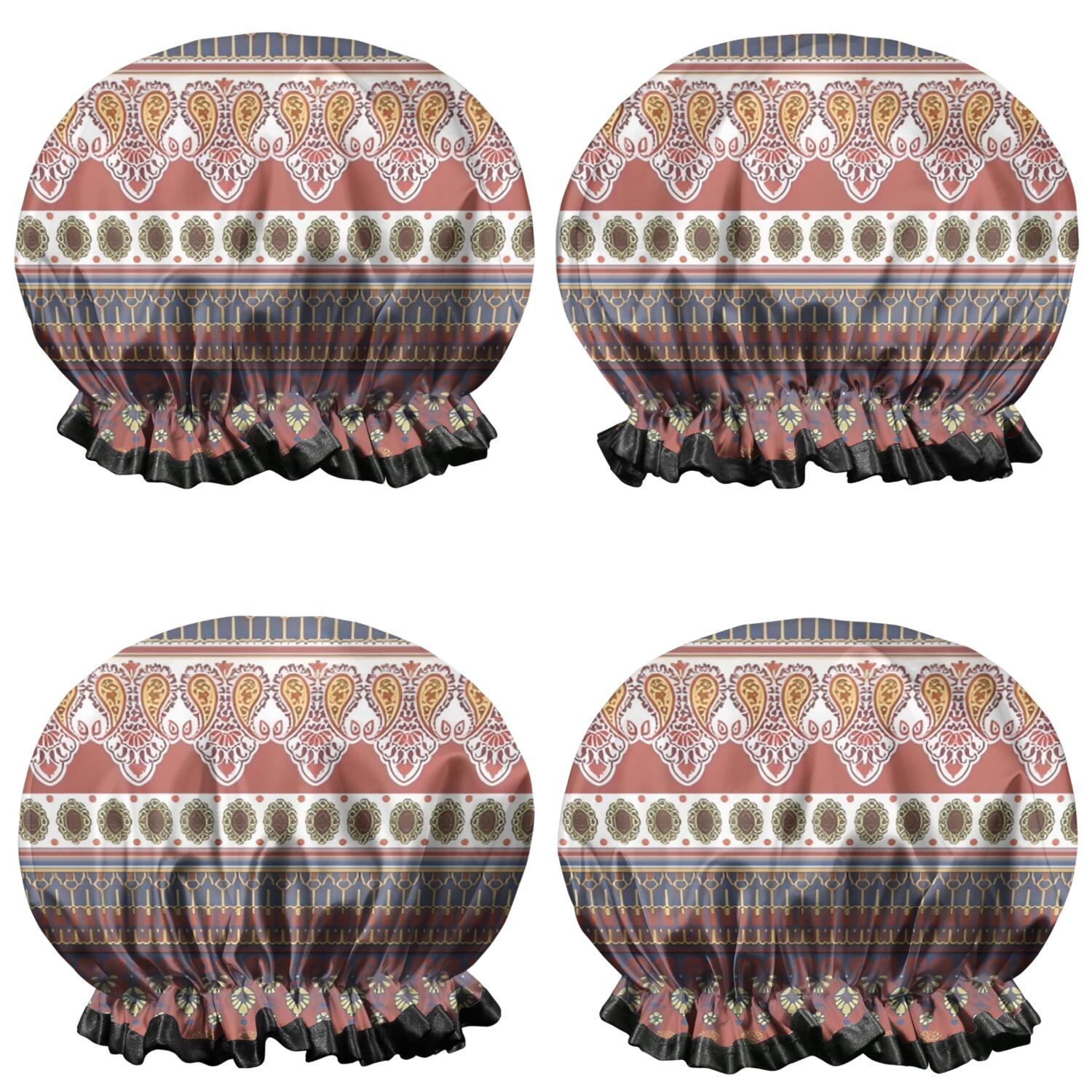 Shower Caps,Black Boho Oriental Flowers and Paisleys Pattern Waterproof Shower Cap for Women 4 Pieces,Double Reusable Hair Cover for Shower PEVA Elastic Stretch Hem