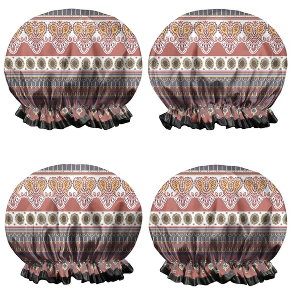 Shower Caps,Black Boho Oriental Flowers and Paisleys Pattern Waterproof Shower Cap for Women 4 Pieces,Double Reusable Hair Cover for Shower PEVA Elastic Stretch Hem