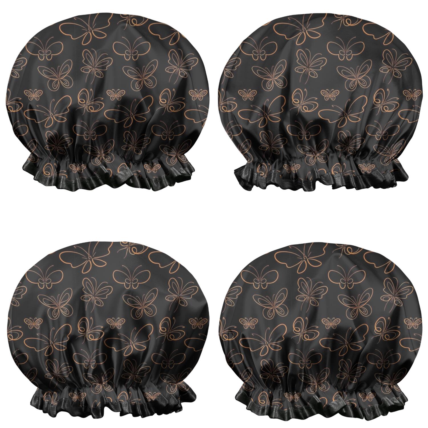 Shower Caps,Black Butterfly Orange Line Pattern Waterproof Shower Cap for Women 4 Pieces,Double Reusable Hair Cover for Shower PEVA Elastic Stretch Hem