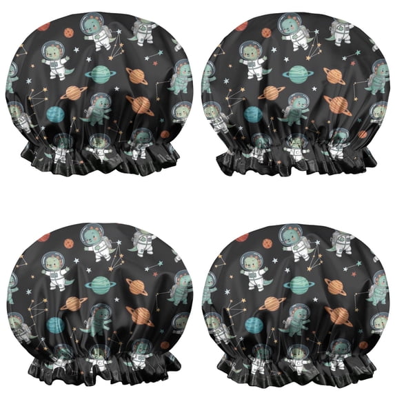 Shower Caps,Black Cartoon Astronaut Dinosaurs Planets Pattern Waterproof Shower Cap for Women 4 Pieces,Double Reusable Hair Cover for Shower PEVA Elastic Stretch Hem