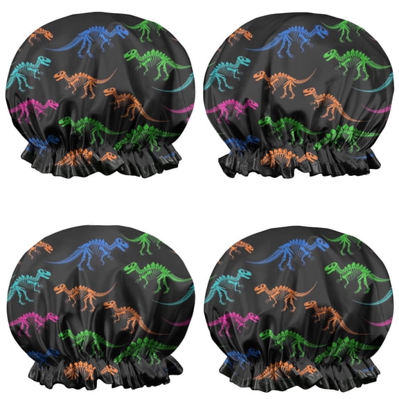 Shower Caps,Black Cartoon Colorful Dinosaurs Skeletons Pattern Waterproof Shower Cap for Women 4 Pieces,Double Reusable Hair Cover for Shower PEVA Elastic Stretch Hem