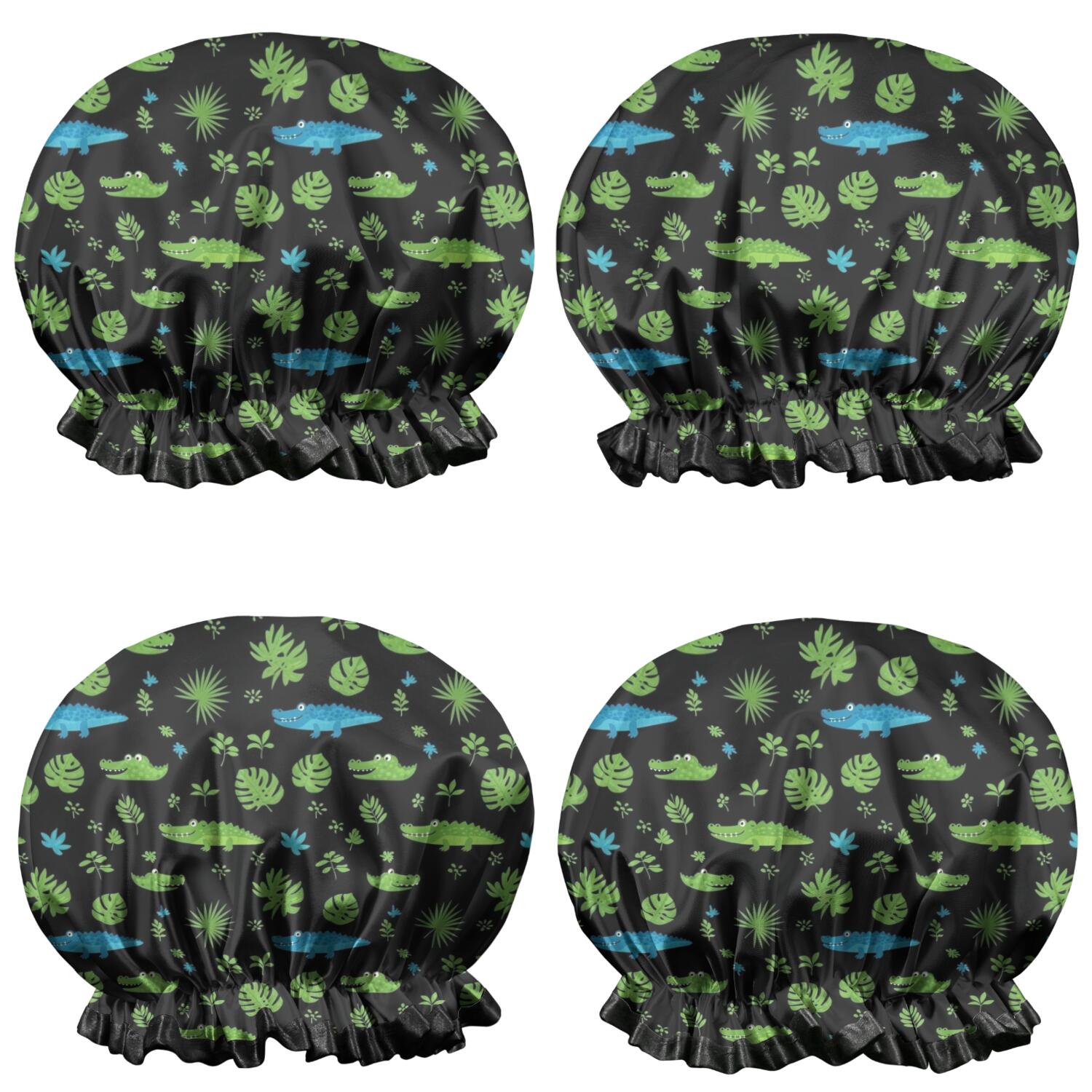 Shower Caps,Black Cartoon Crocodiles Leaves Pattern Waterproof Shower Cap for Women 4 Pieces,Double Reusable Hair Cover for Shower PEVA Elastic Stretch Hem