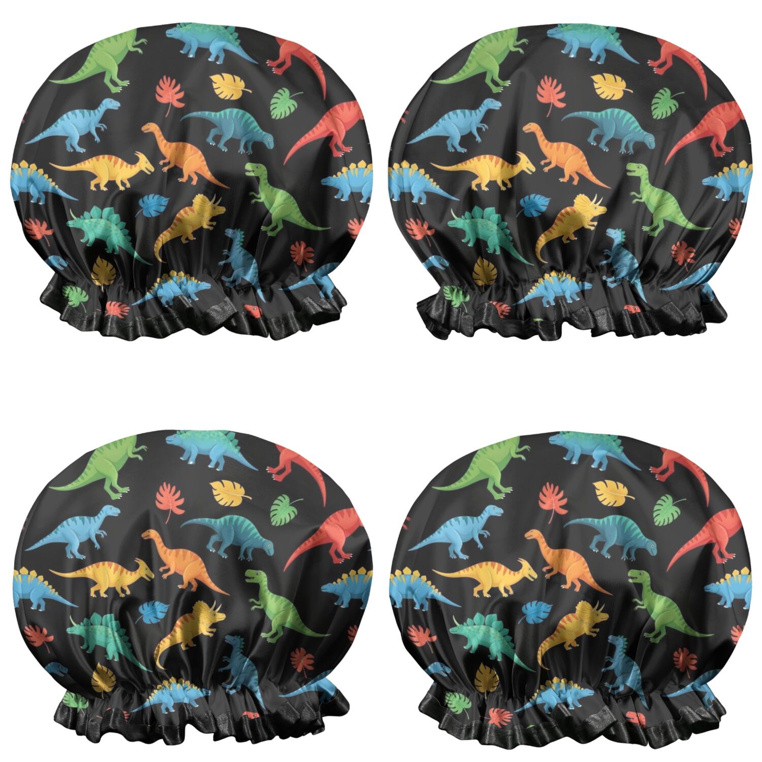 Shower Caps,Black Cartoon Dinosaurs Colorful Leaves Pattern Waterproof Shower Cap for Women 4 Pieces,Double Reusable Hair Cover for Shower PEVA Elastic Stretch Hem