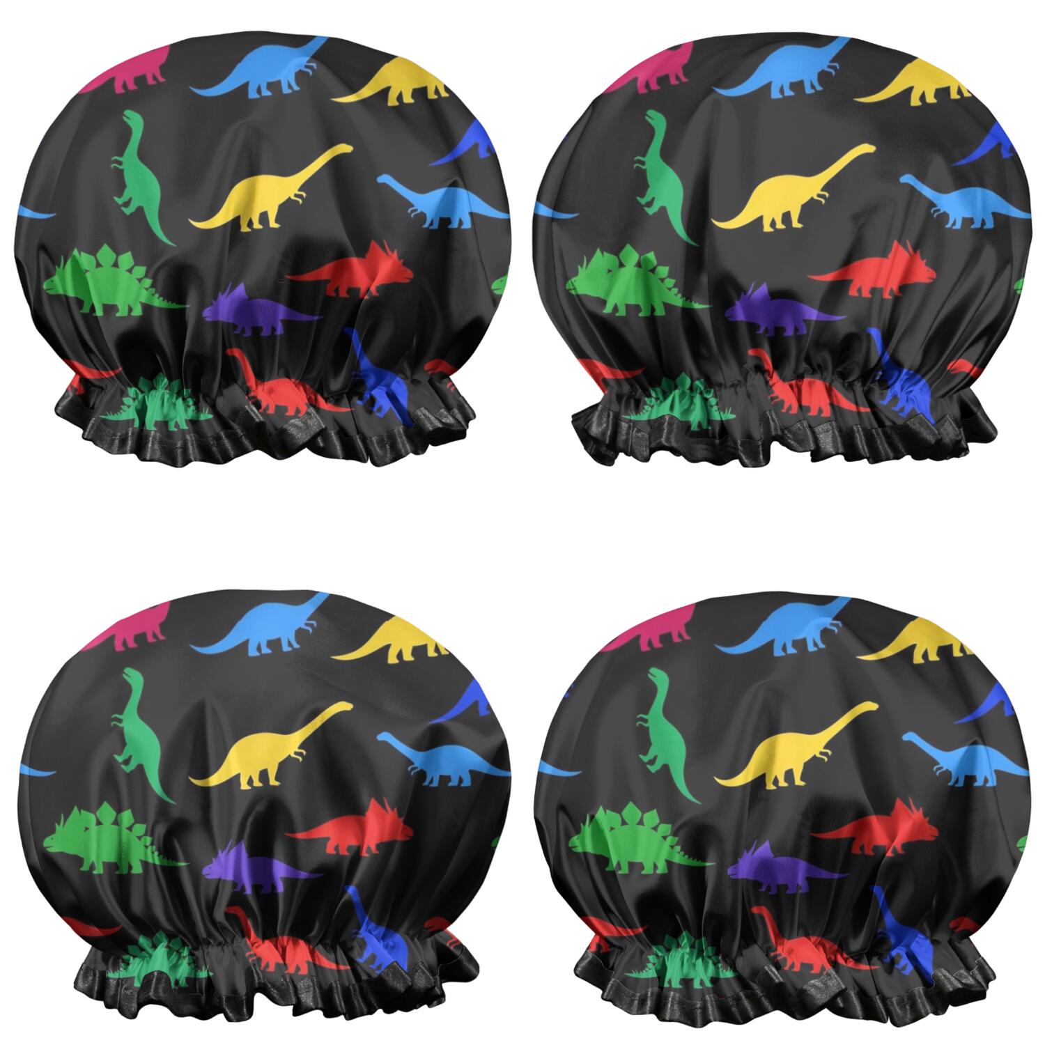 Shower Caps,Black Cartoon Dinosaurs Colorful Silhouettes Pattern Waterproof Shower Cap for Women 4 Pieces,Double Reusable Hair Cover for Shower PEVA Elastic Stretch Hem