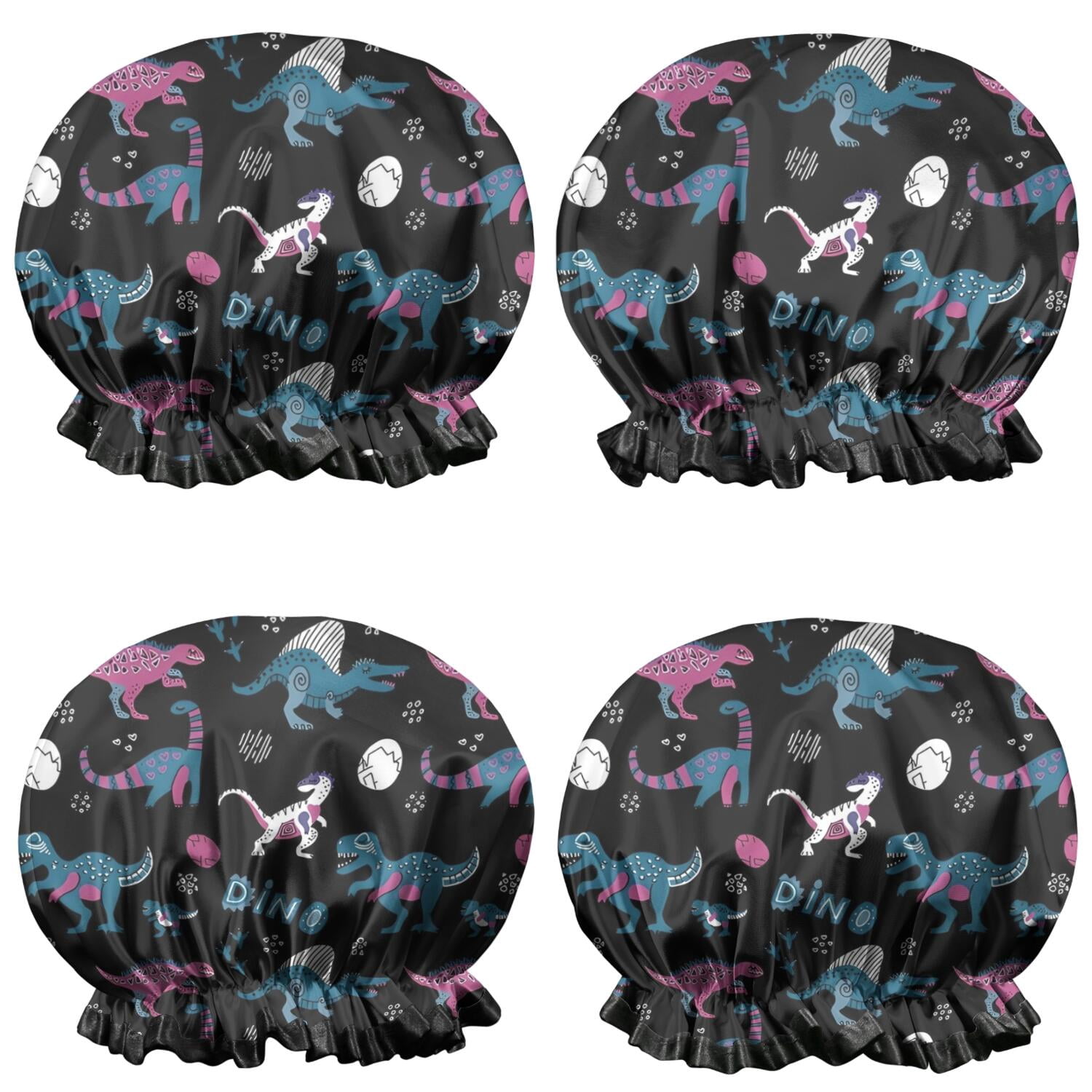 Shower Caps,Black Cartoon Dinosaurs Eggs Pattern Waterproof Shower Cap for Women 4 Pieces,Double Reusable Hair Cover for Shower PEVA Elastic Stretch Hem