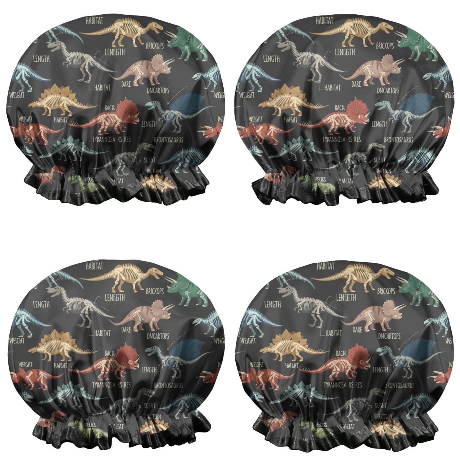 Shower Caps,Black Cartoon Dinosaurs Infos Pattern Waterproof Shower Cap for Women 4 Pieces,Double Reusable Hair Cover for Shower PEVA Elastic Stretch Hem