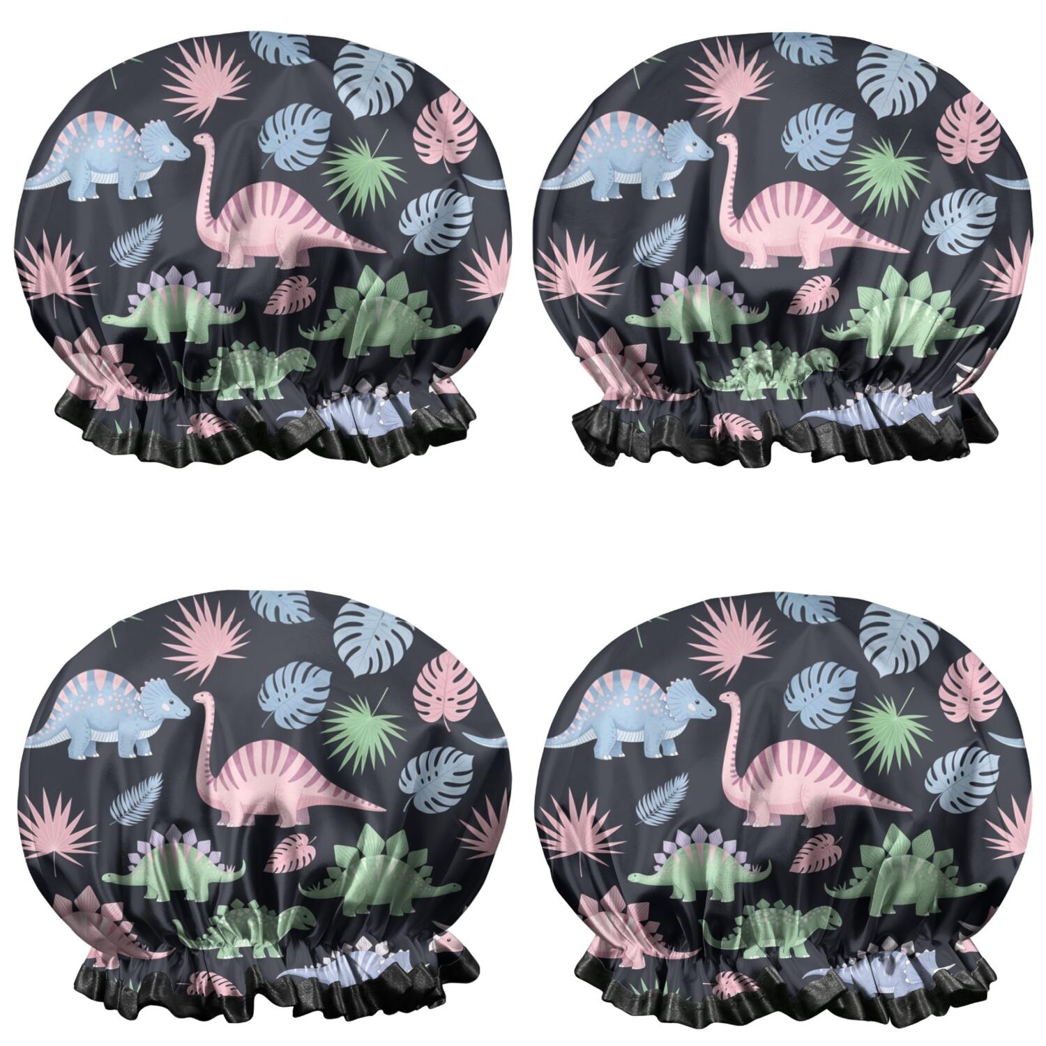 Shower Caps,Black Cartoon Dinosaurs Leaves Pattern Waterproof Shower Cap for Women 4 Pieces,Double Reusable Hair Cover for Shower PEVA Elastic Stretch Hem