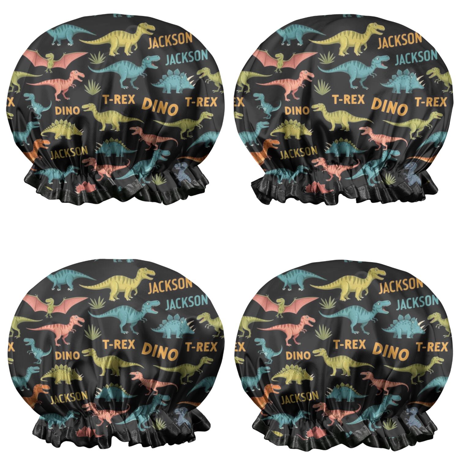Shower Caps,Black Cartoon Dinosaurs Names Pattern Waterproof Shower Cap for Women 4 Pieces,Double Reusable Hair Cover for Shower PEVA Elastic Stretch Hem