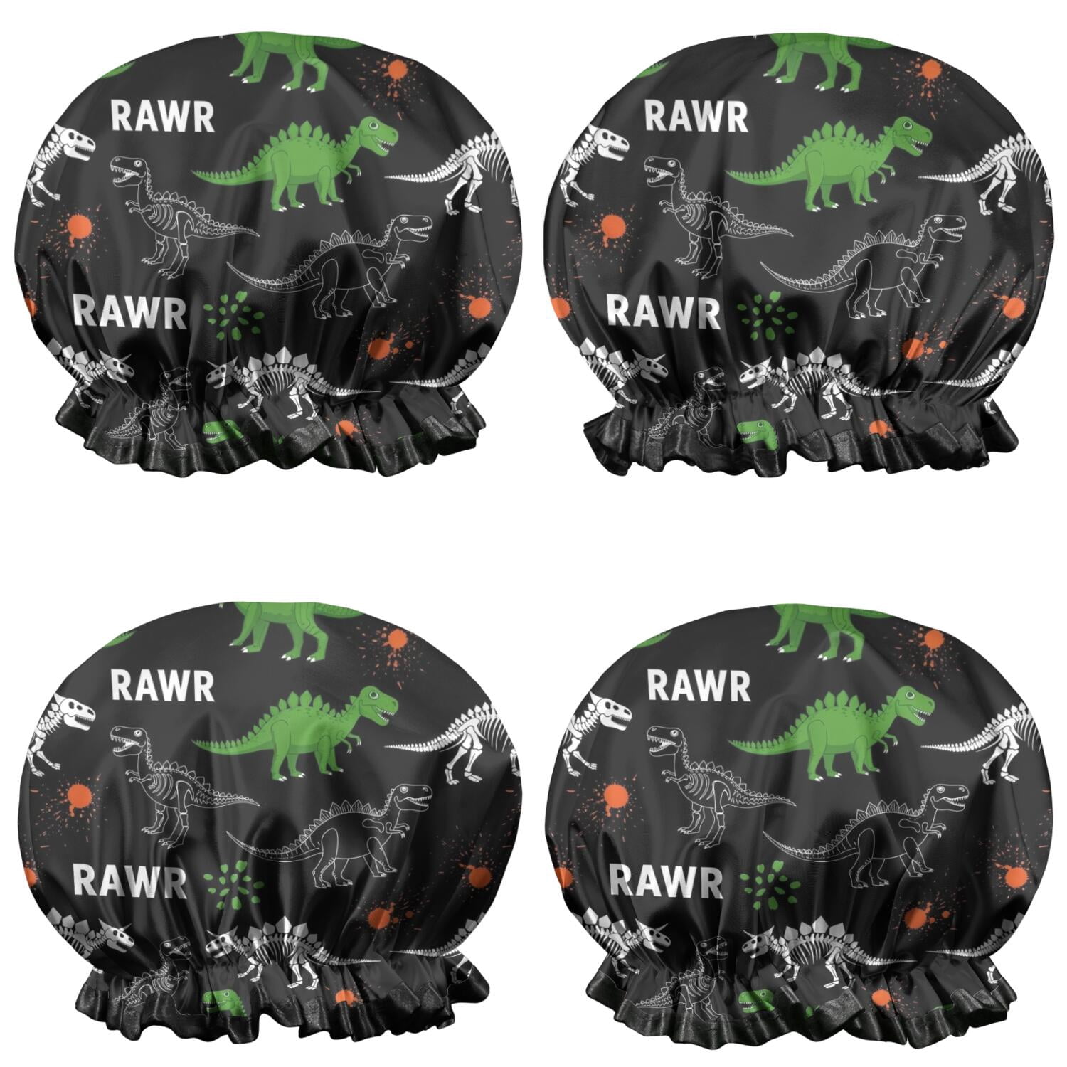 Shower Caps,Black Cartoon Dinosaurs Rawr Pattern Waterproof Shower Cap for Women 4 Pieces,Double Reusable Hair Cover for Shower PEVA Elastic Stretch Hem