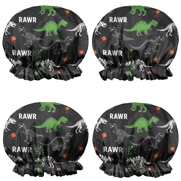 Shower Caps,Black Cartoon Dinosaurs Rawr Pattern Waterproof Shower Cap for Women 4 Pieces,Double Reusable Hair Cover for Shower PEVA Elastic Stretch Hem