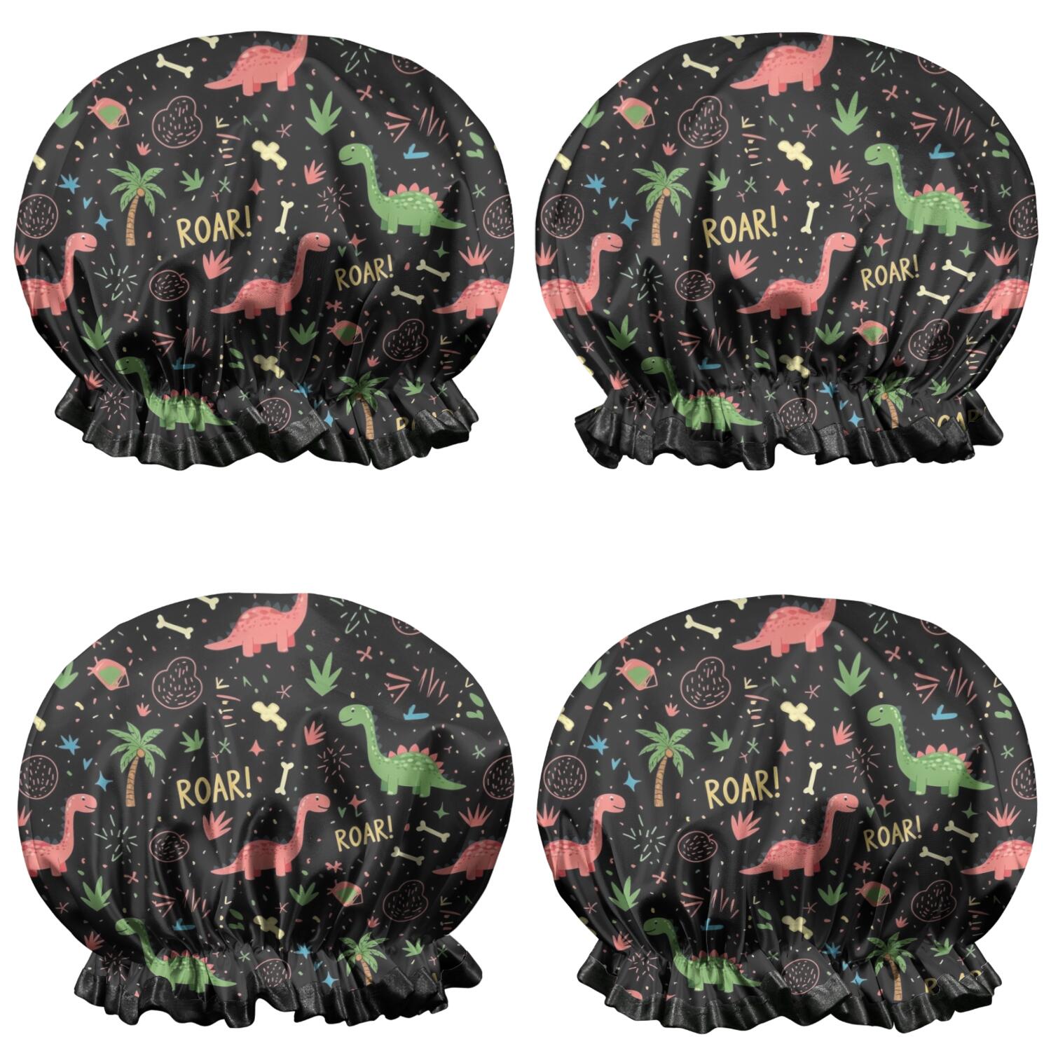 Shower Caps,Black Cartoon Dinosaurs Roar Pattern Waterproof Shower Cap for Women 4 Pieces,Double Reusable Hair Cover for Shower PEVA Elastic Stretch Hem