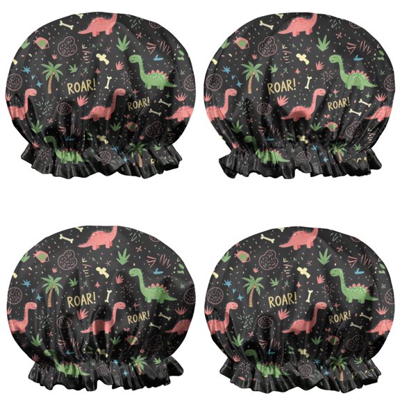 Shower Caps,Black Cartoon Dinosaurs Roar Pattern Waterproof Shower Cap for Women 4 Pieces,Double Reusable Hair Cover for Shower PEVA Elastic Stretch Hem