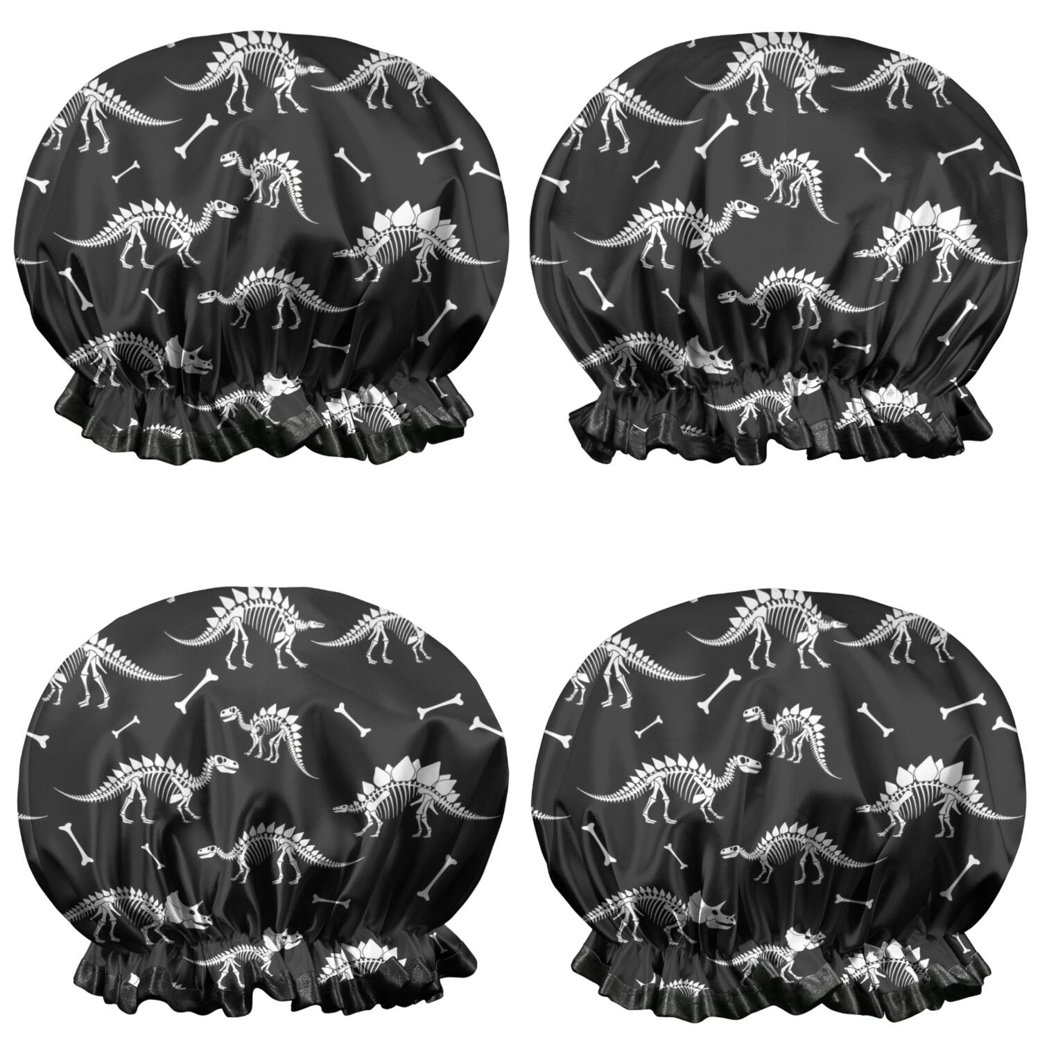 Shower Caps,Black Cartoon Dinosaurs Skeletons Bones Pattern Waterproof Shower Cap for Women 4 Pieces,Double Reusable Hair Cover for Shower PEVA Elastic Stretch Hem