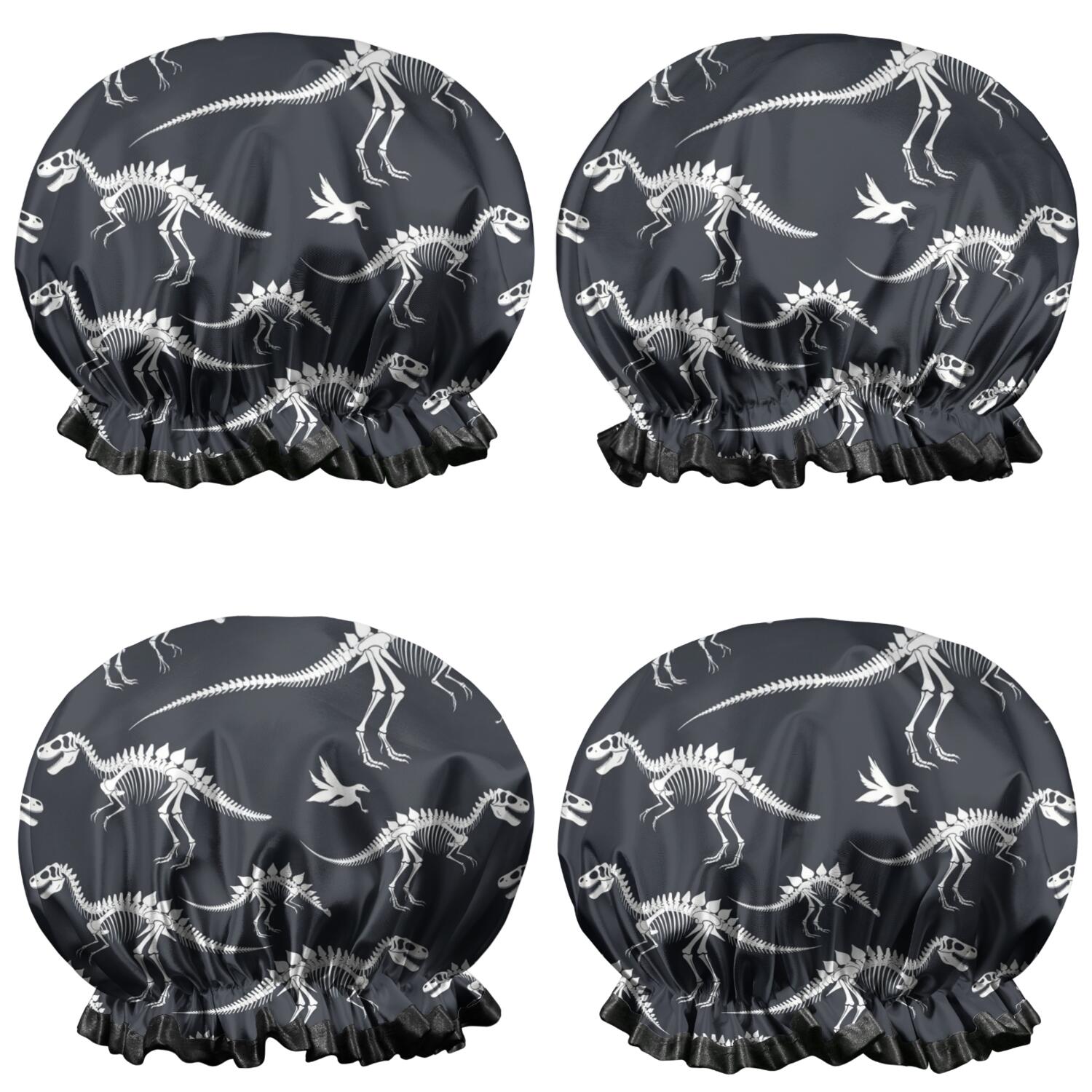 Shower Caps,Black Cartoon Dinosaurs Skeletons Pattern Waterproof Shower Cap for Women 4 Pieces,Double Reusable Hair Cover for Shower PEVA Elastic Stretch Hem
