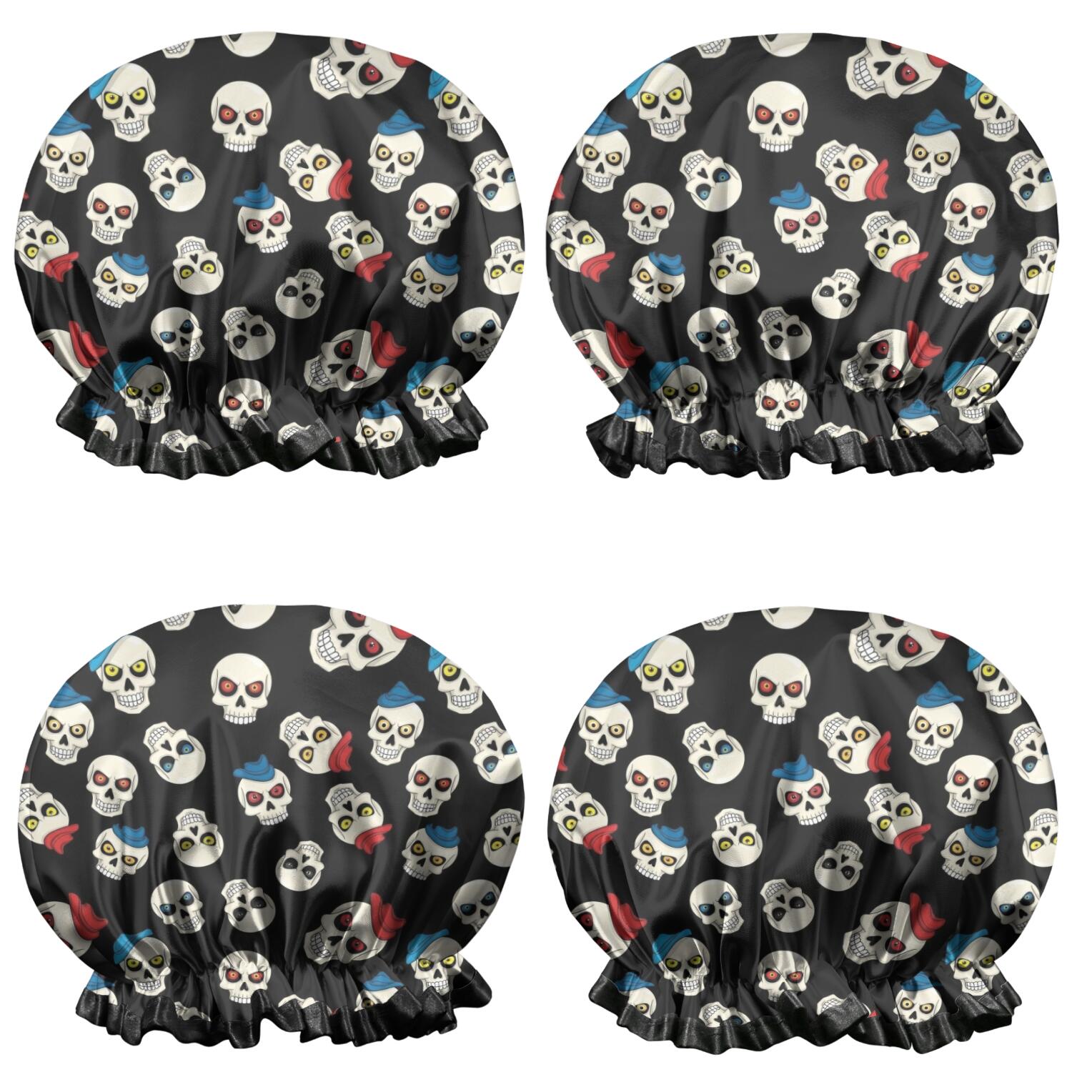 Shower Caps,Black Cartoon Skull Pattern Waterproof Shower Cap for Women 4 Pieces,Double Reusable Hair Cover for Shower PEVA Elastic Stretch Hem