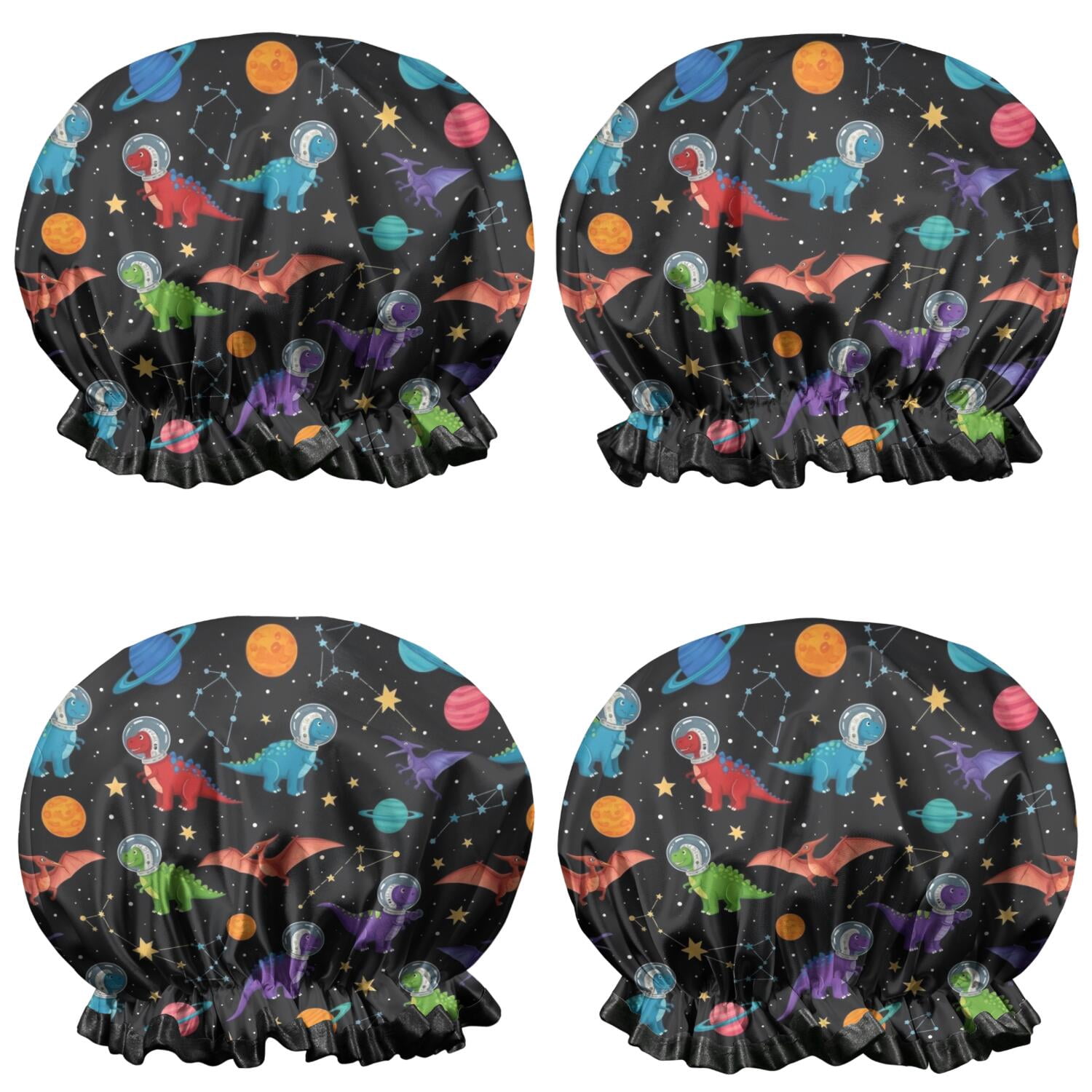 Shower Caps,Black Cartoon Space Dinosaurs Pattern Waterproof Shower Cap for Women 4 Pieces,Double Reusable Hair Cover for Shower PEVA Elastic Stretch Hem
