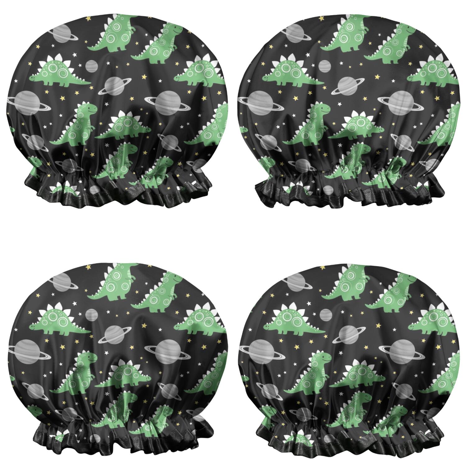 Shower Caps,Black Cartoon Space Dinosaurs Pattern Waterproof Shower Cap for Women 4 Pieces,Double Reusable Hair Cover for Shower PEVA Elastic Stretch Hem