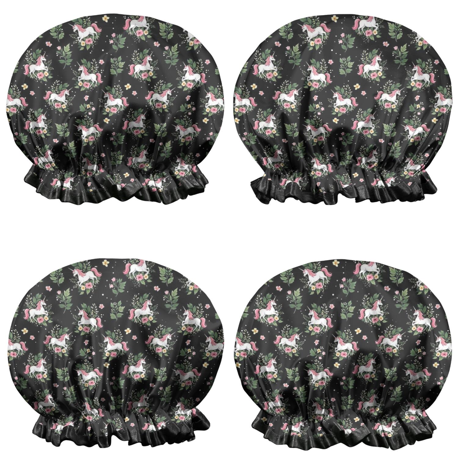 Shower Caps,Black Cartoon Unicorn Flower Leaf Pattern Waterproof Shower Cap for Women 4 Pieces,Double Reusable Hair Cover for Shower PEVA Elastic Stretch Hem