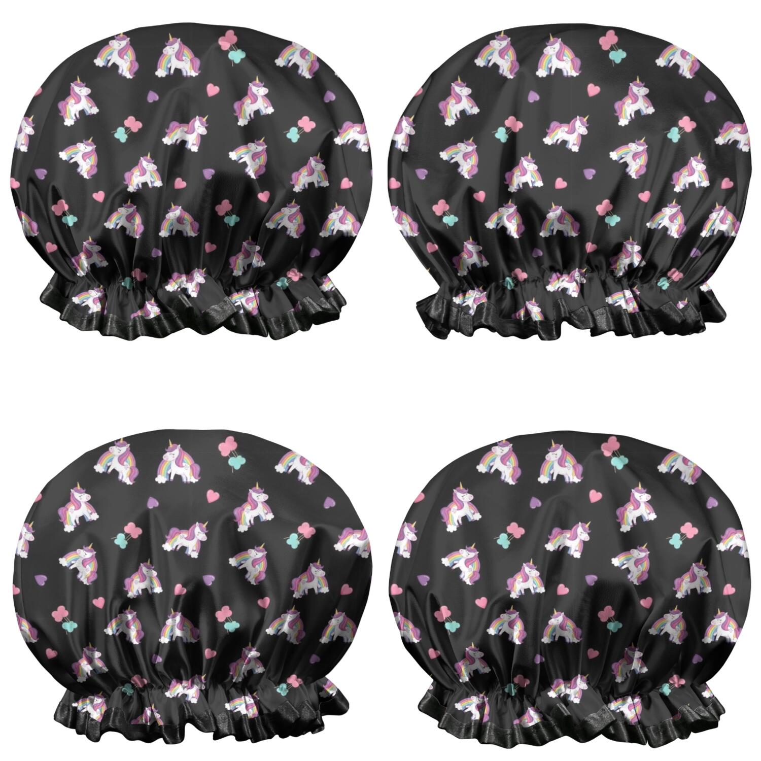 Shower Caps,Black Cartoon Unicorn Heart Pattern Waterproof Shower Cap for Women 4 Pieces,Double Reusable Hair Cover for Shower PEVA Elastic Stretch Hem
