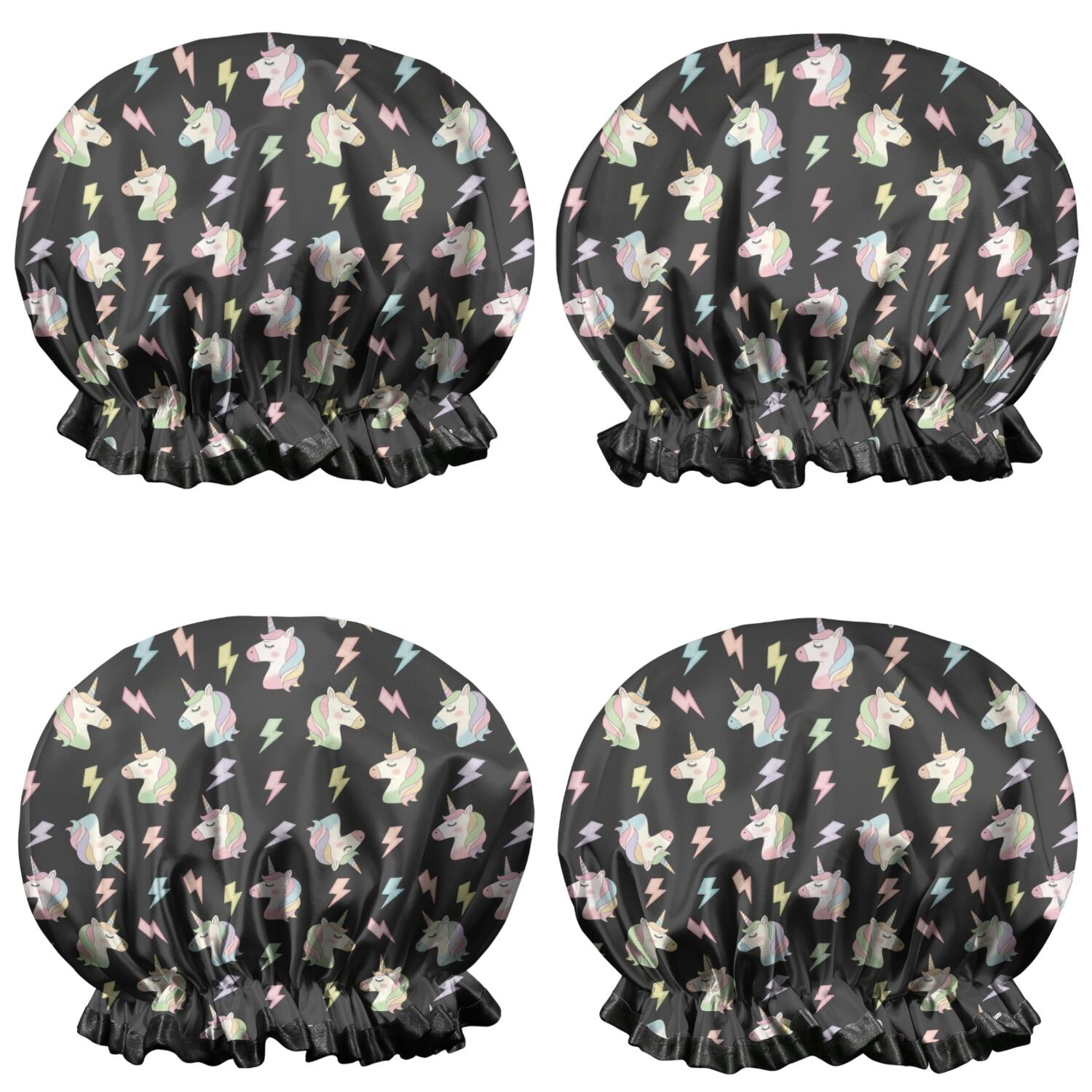 Shower Caps,Black Cartoon Unicorn Lightning Pattern Waterproof Shower Cap for Women 4 Pieces,Double Reusable Hair Cover for Shower PEVA Elastic Stretch Hem