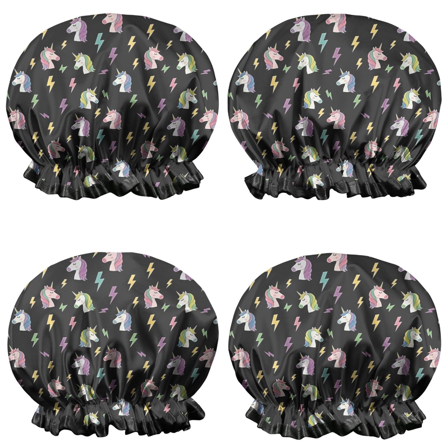 Shower Caps,Black Cartoon Unicorn Lightning Pattern Waterproof Shower Cap for Women 4 Pieces,Double Reusable Hair Cover for Shower PEVA Elastic Stretch Hem