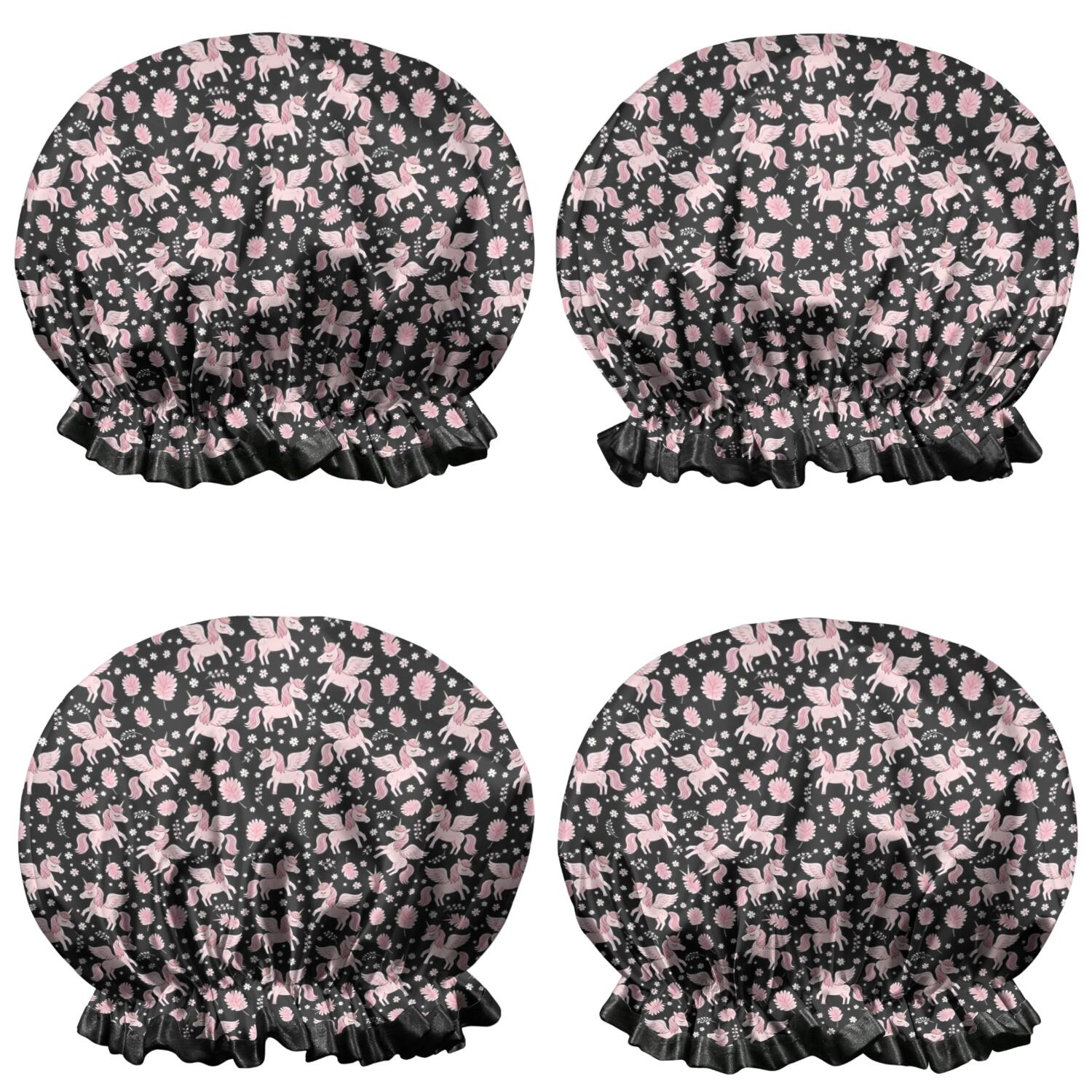 Shower Caps,Black Cartoon Unicorn Pattern Waterproof Shower Cap for Women 4 Pieces,Double Reusable Hair Cover for Shower PEVA Elastic Stretch Hem
