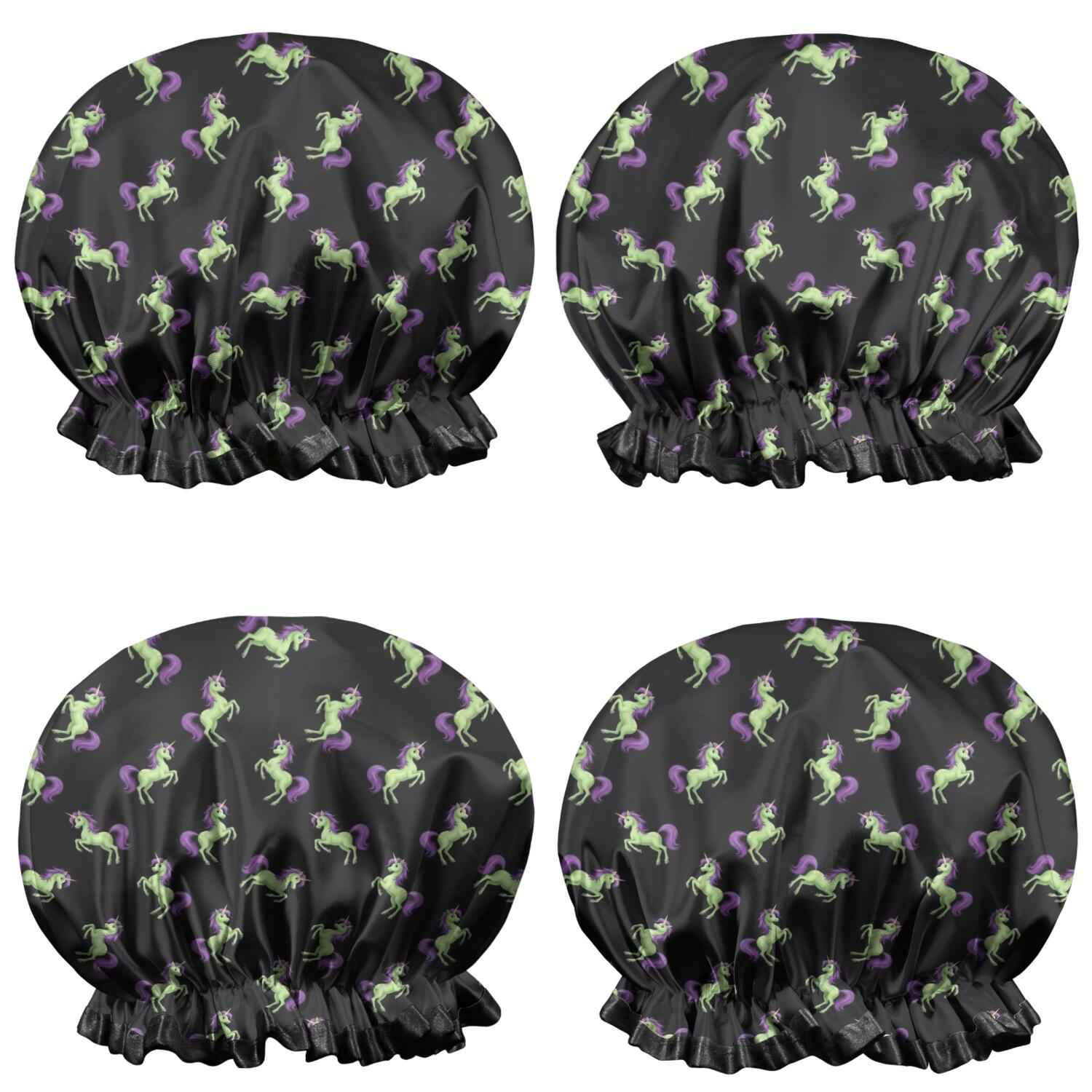 Shower Caps,Black Cartoon Unicorn Pattern Waterproof Shower Cap for Women 4 Pieces,Double Reusable Hair Cover for Shower PEVA Elastic Stretch Hem