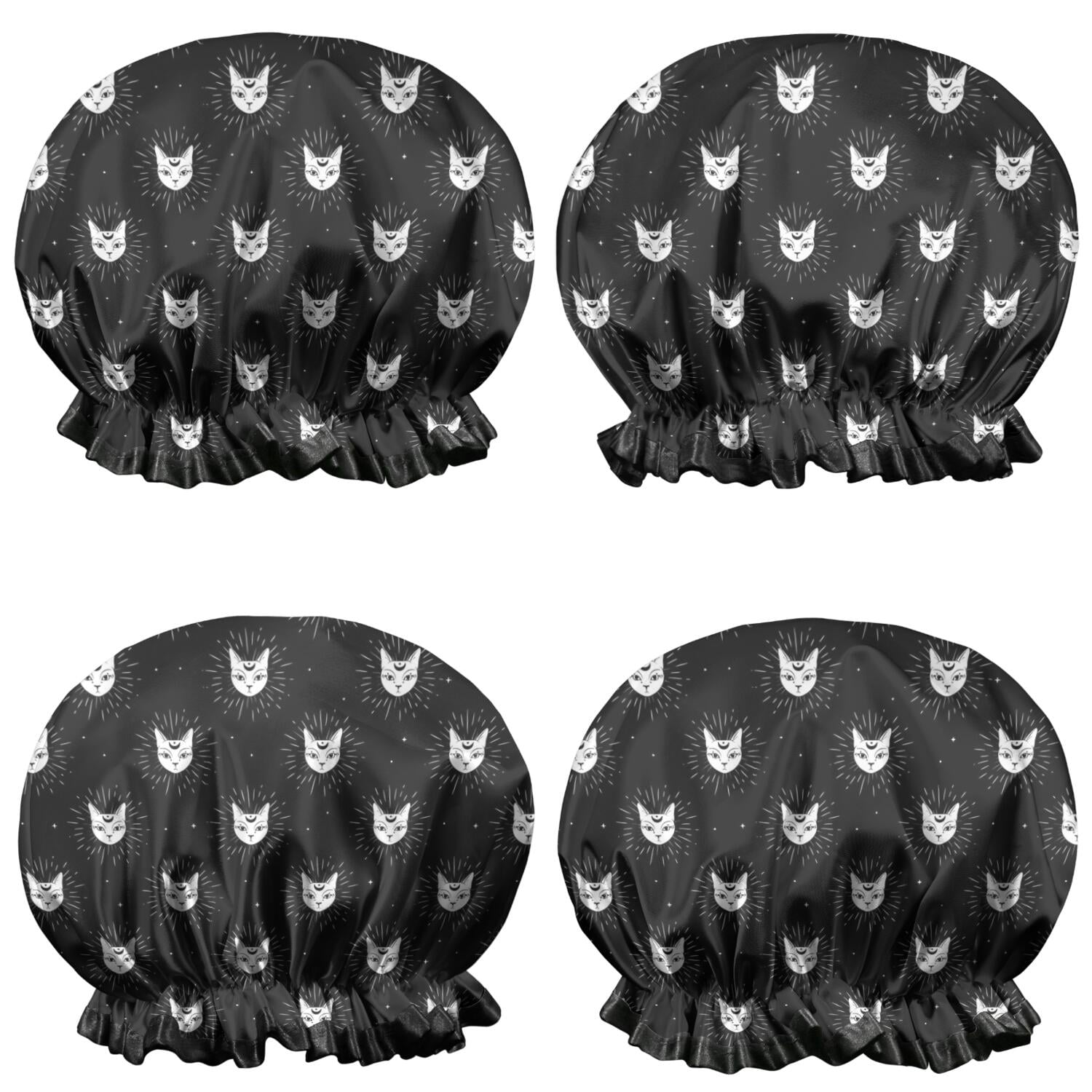 Shower Caps,Black Cat Head Pattern Waterproof Shower Cap for Women 4 Pieces,Double Reusable Hair Cover for Shower PEVA Elastic Stretch Hem