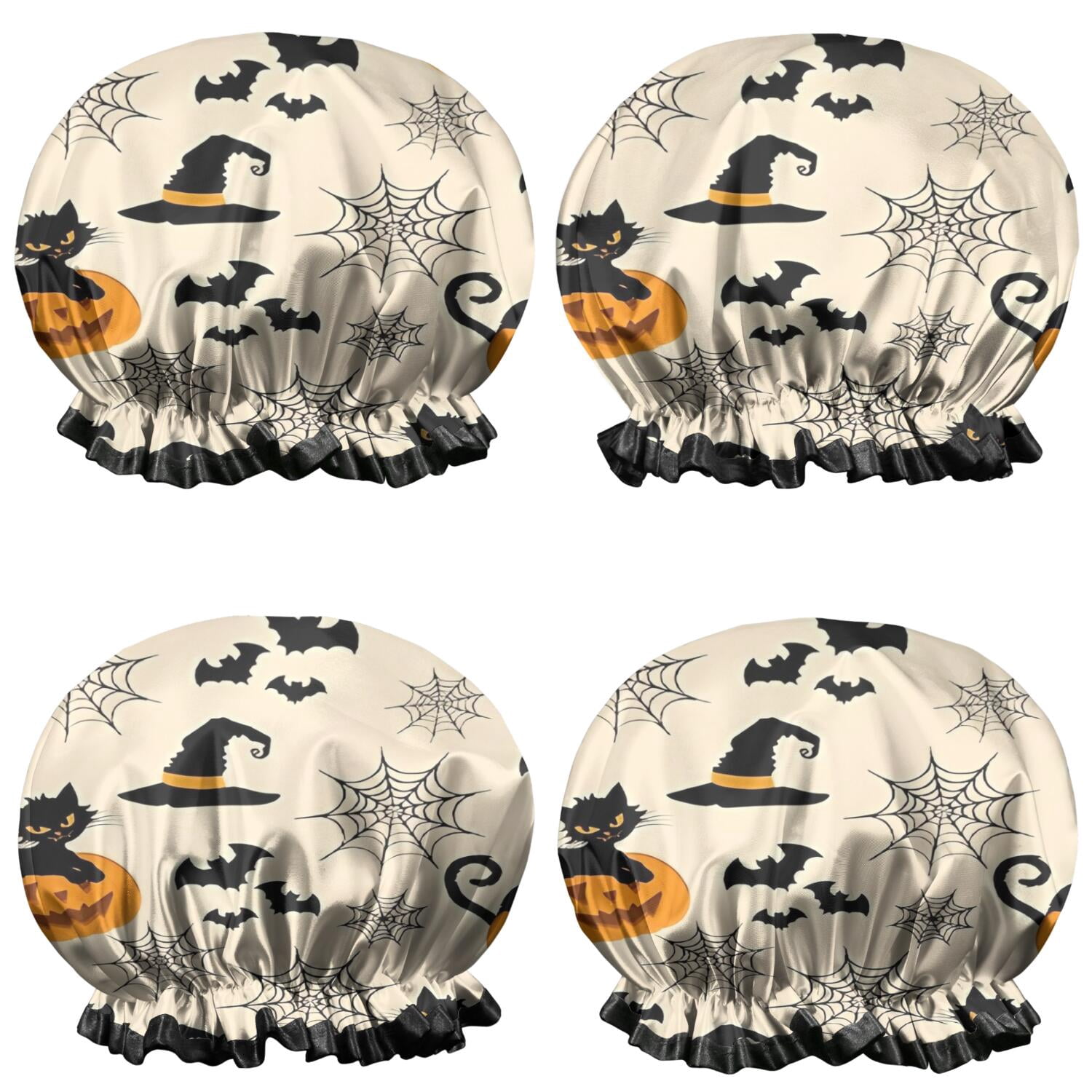 Shower Caps,Black Cat Pumpkin Halloween Pattern Waterproof Shower Cap for Women 4 Pieces,Double Reusable Hair Cover for Shower PEVA Elastic Stretch Hem