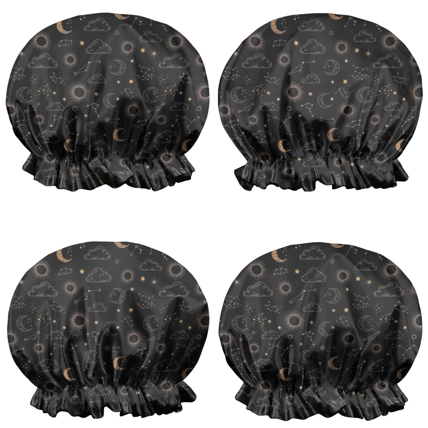 Shower Caps,Black Celestial Cloud Pattern Waterproof Shower Cap for Women 4 Pieces,Double Reusable Hair Cover for Shower PEVA Elastic Stretch Hem
