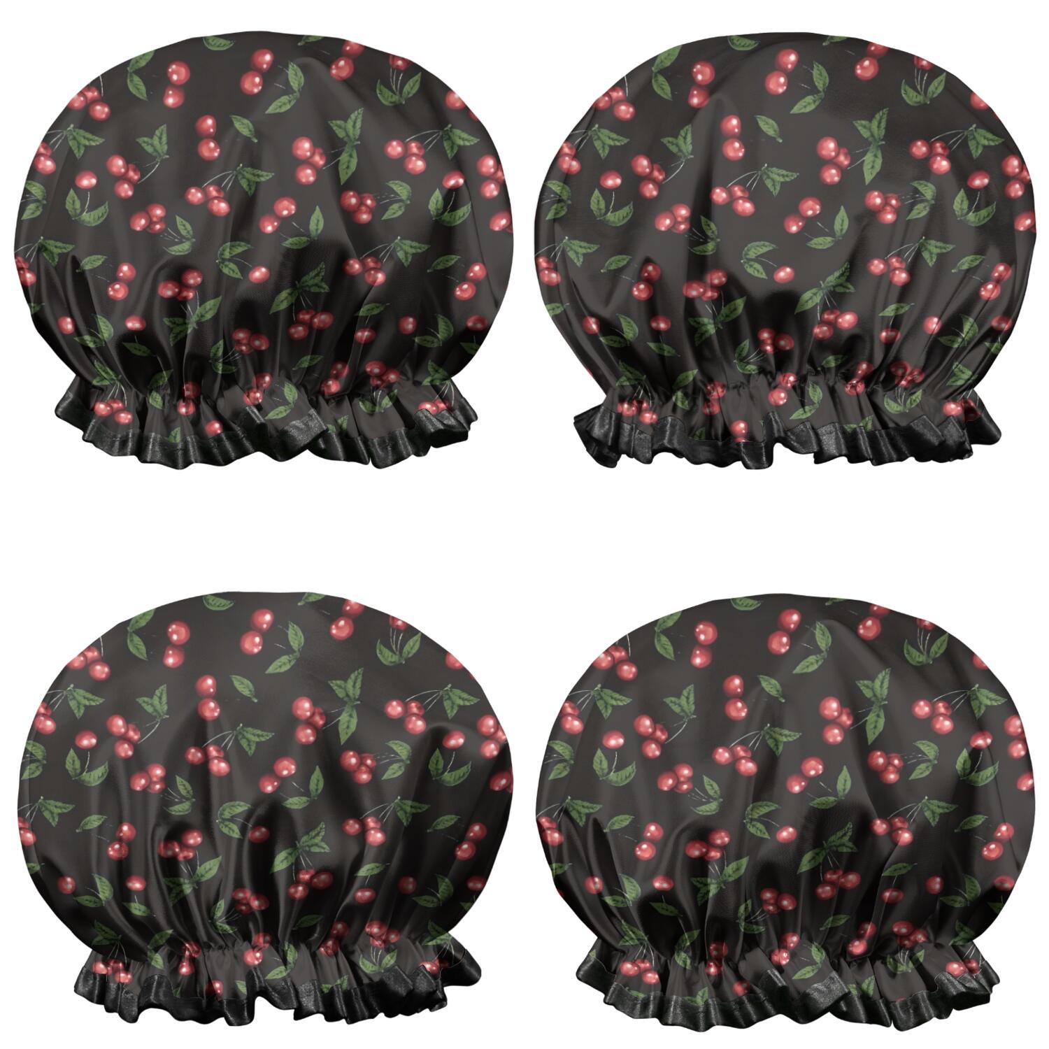 Shower Caps,Black Christmas Cherry Pattern Waterproof Shower Cap for Women 4 Pieces,Double Reusable Hair Cover for Shower PEVA Elastic Stretch Hem