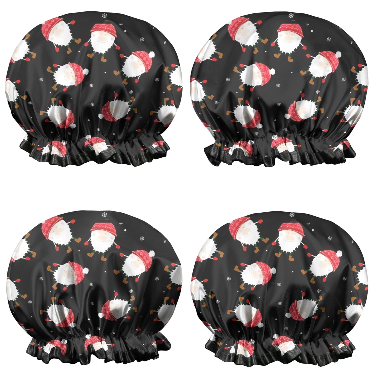 Shower Caps,Black Christmas Santa Pattern Waterproof Shower Cap for Women 4 Pieces,Double Reusable Hair Cover for Shower PEVA Elastic Stretch Hem