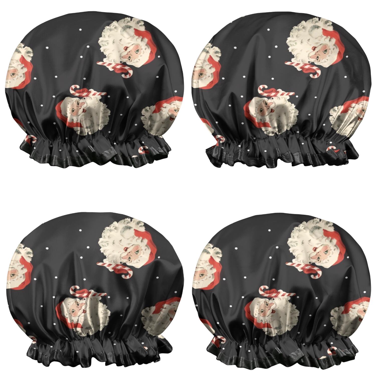 Shower Caps,Black Christmas Santa Pattern Waterproof Shower Cap for Women 4 Pieces,Double Reusable Hair Cover for Shower PEVA Elastic Stretch Hem