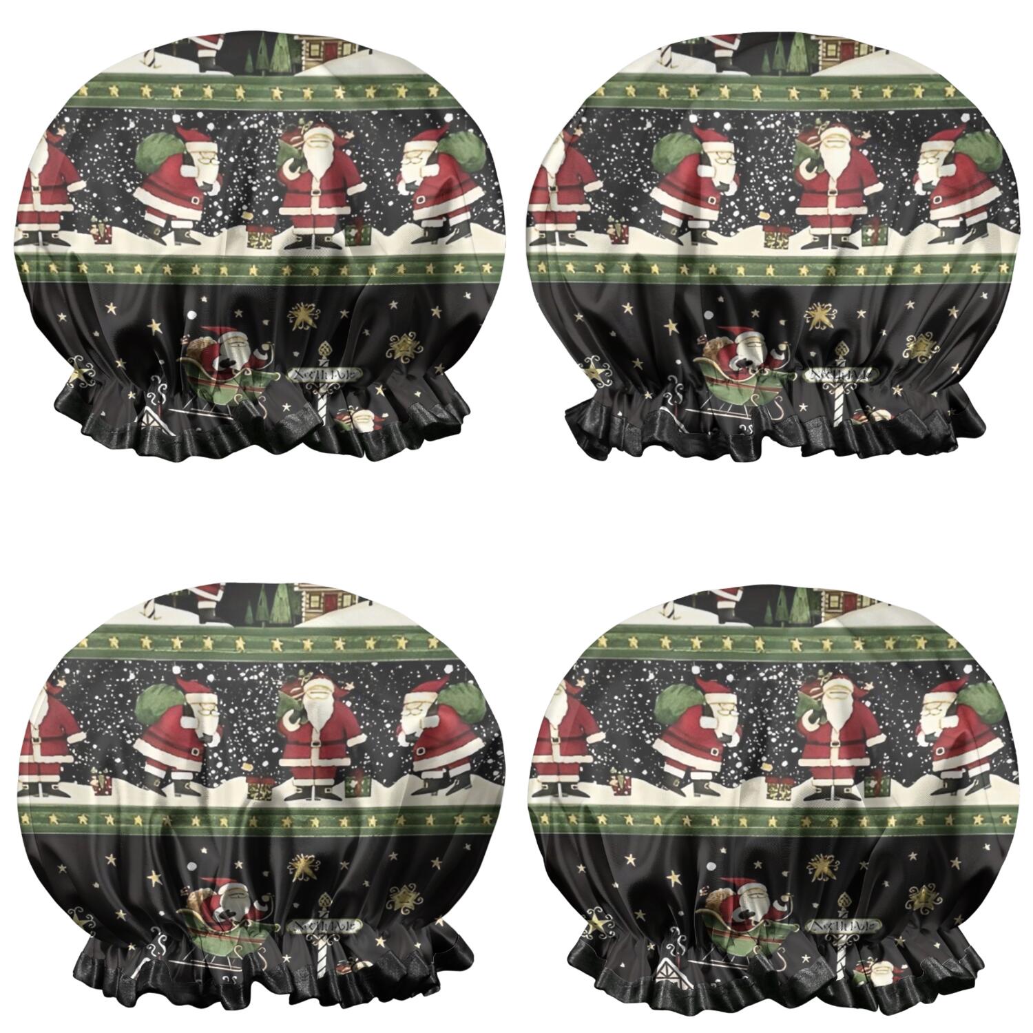 Shower Caps,Black Christmas Santa Pattern Waterproof Shower Cap for Women 4 Pieces,Double Reusable Hair Cover for Shower PEVA Elastic Stretch Hem