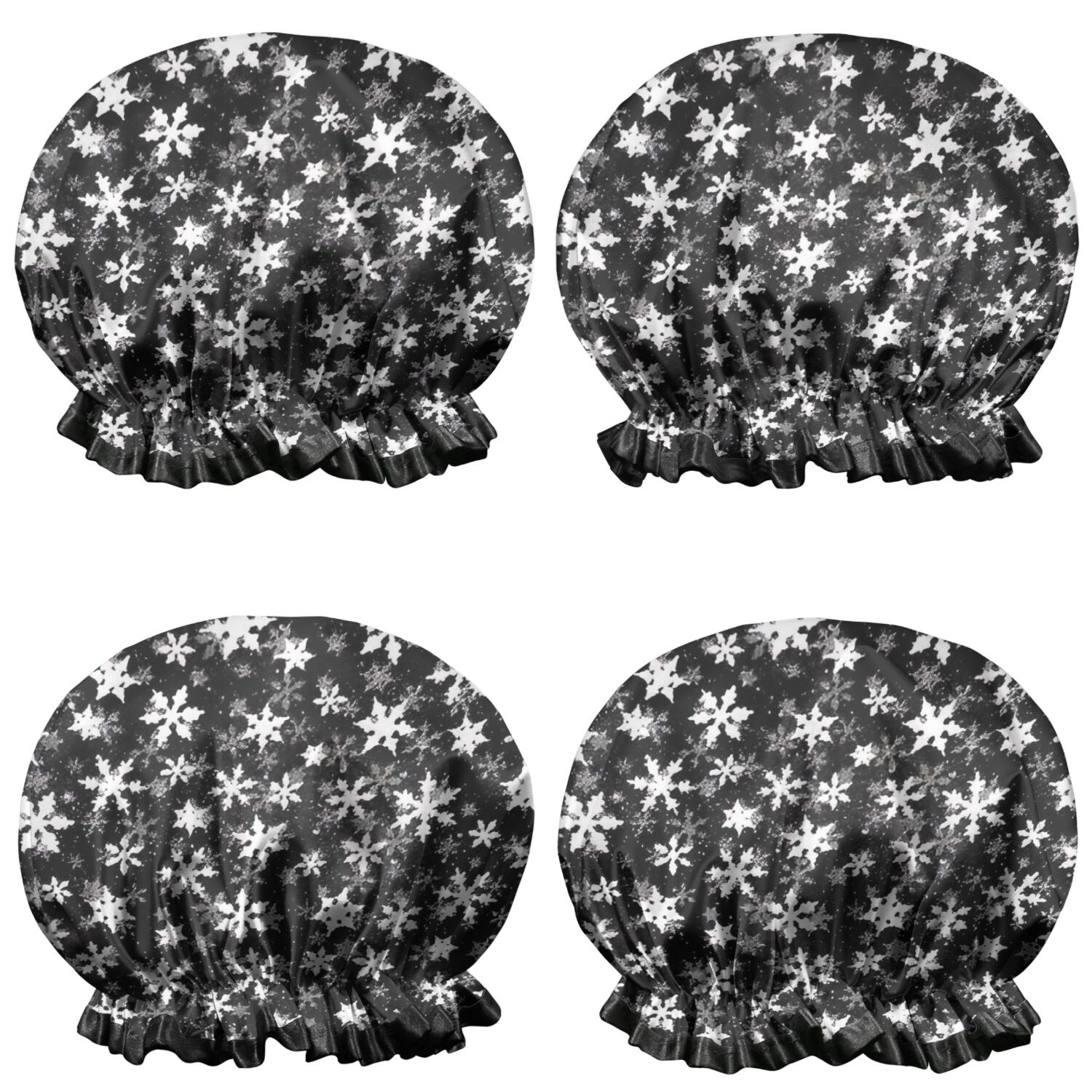 Shower Caps,Black Christmas Snowflake Pattern Waterproof Shower Cap for Women 4 Pieces,Double Reusable Hair Cover for Shower PEVA Elastic Stretch Hem