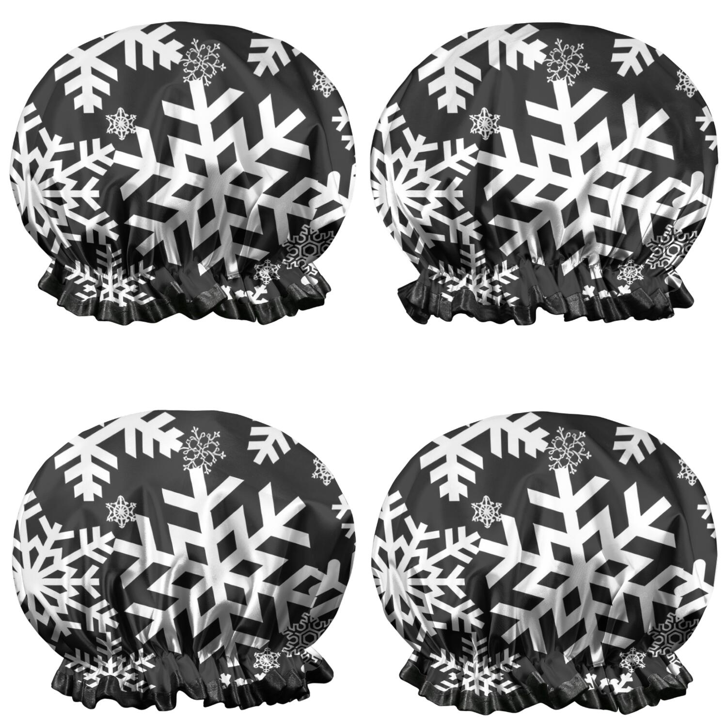 Shower Caps,Black Christmas Snowflake Pattern Waterproof Shower Cap for Women 4 Pieces,Double Reusable Hair Cover for Shower PEVA Elastic Stretch Hem