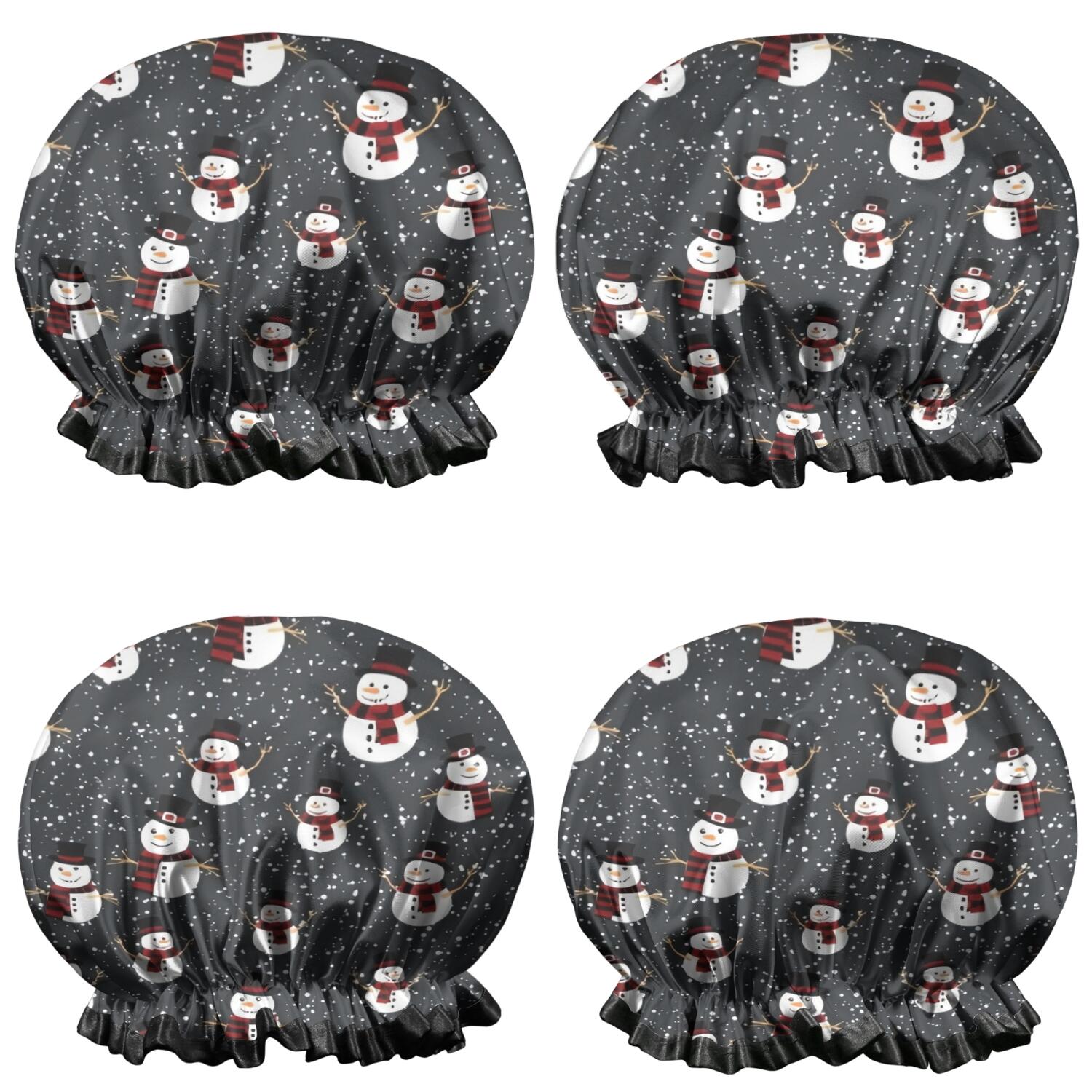 Shower Caps,Black Christmas Snowman Pattern Waterproof Shower Cap for Women 4 Pieces,Double Reusable Hair Cover for Shower PEVA Elastic Stretch Hem
