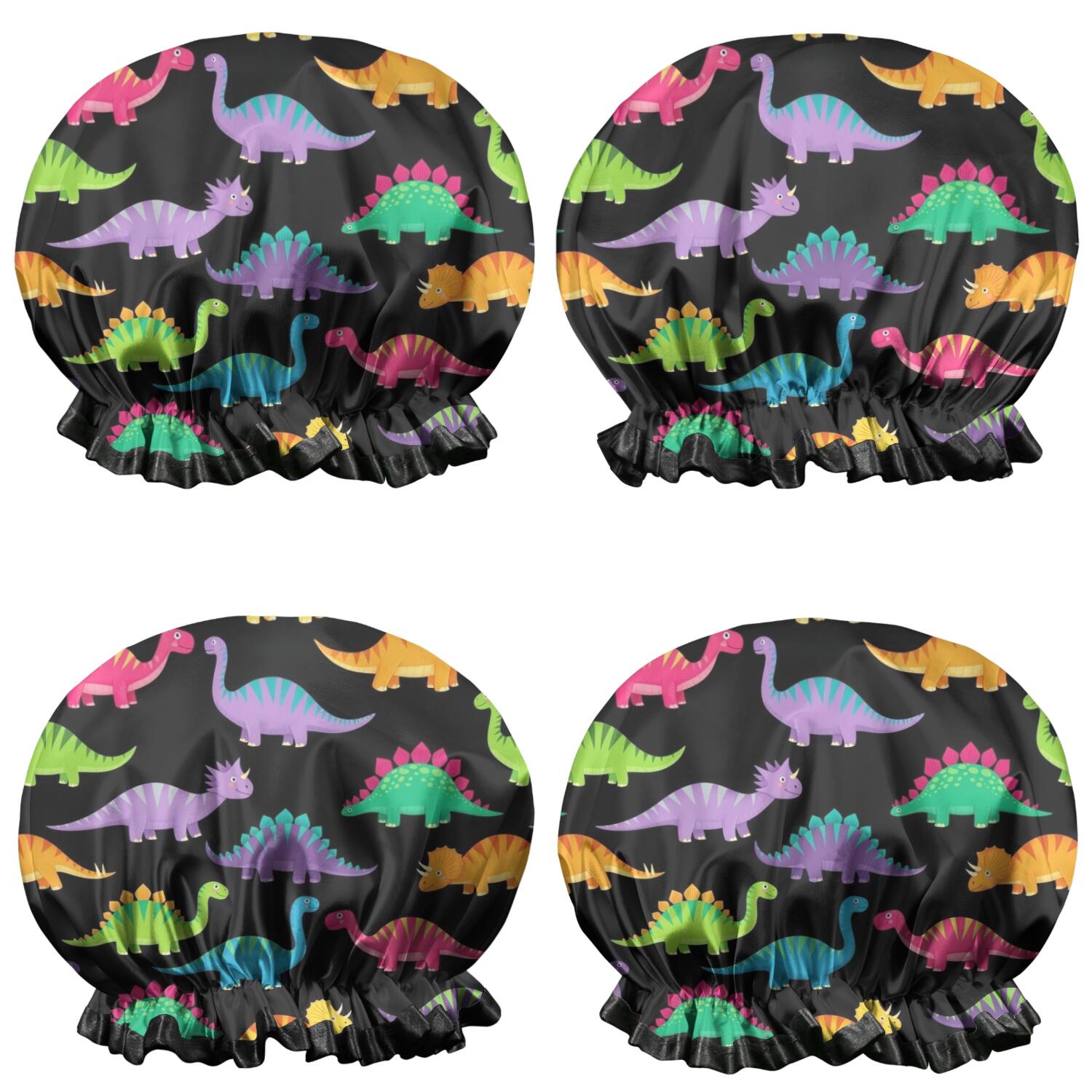 Shower Caps,Black Colorful Dinosaur Pattern Waterproof Shower Cap for Women 4 Pieces,Double Reusable Hair Cover for Shower PEVA Elastic Stretch Hem