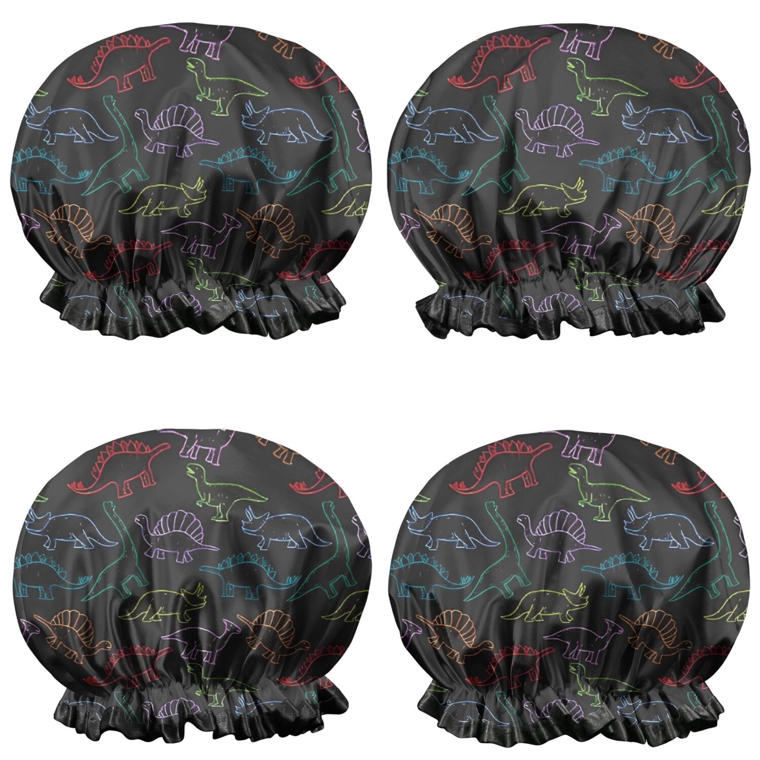 Shower Caps,Black Colorful Dinosaurs Chalk Pattern Waterproof Shower Cap for Women 4 Pieces,Double Reusable Hair Cover for Shower PEVA Elastic Stretch Hem