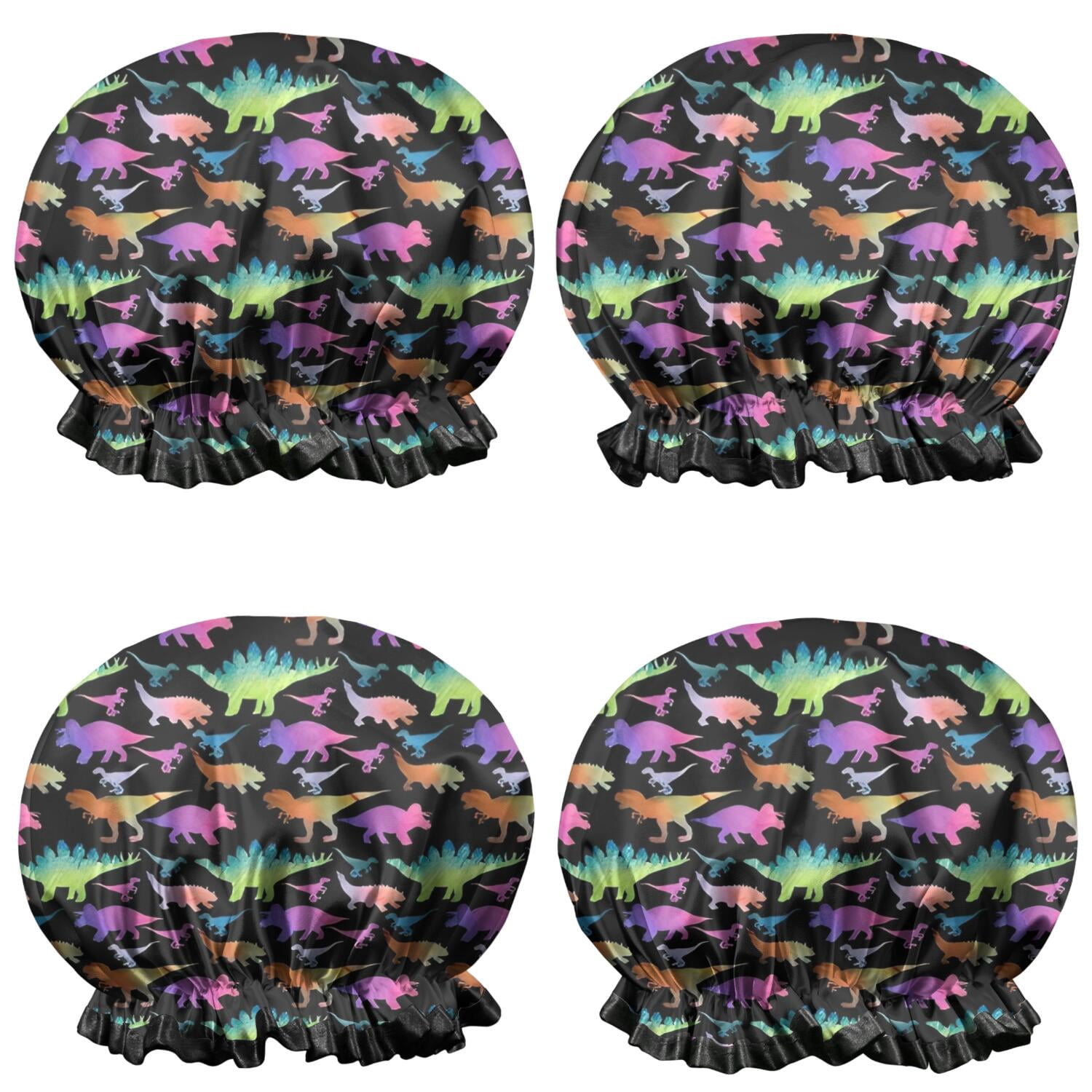 Shower Caps,Black Colorful Dinosaurs Pattern Waterproof Shower Cap for Women 4 Pieces,Double Reusable Hair Cover for Shower PEVA Elastic Stretch Hem