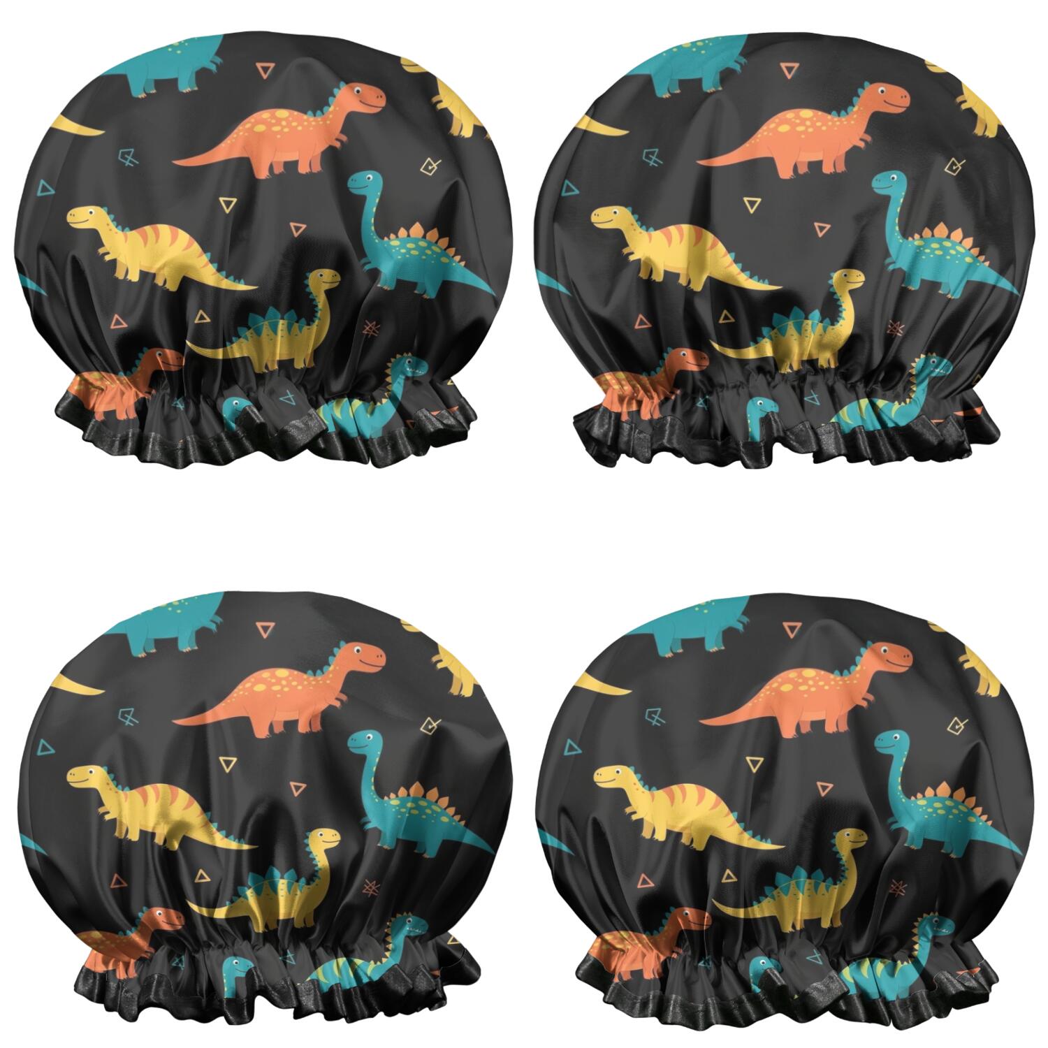 Shower Caps,Black Colorful Dinosaurs Pattern Waterproof Shower Cap for Women 4 Pieces,Double Reusable Hair Cover for Shower PEVA Elastic Stretch Hem