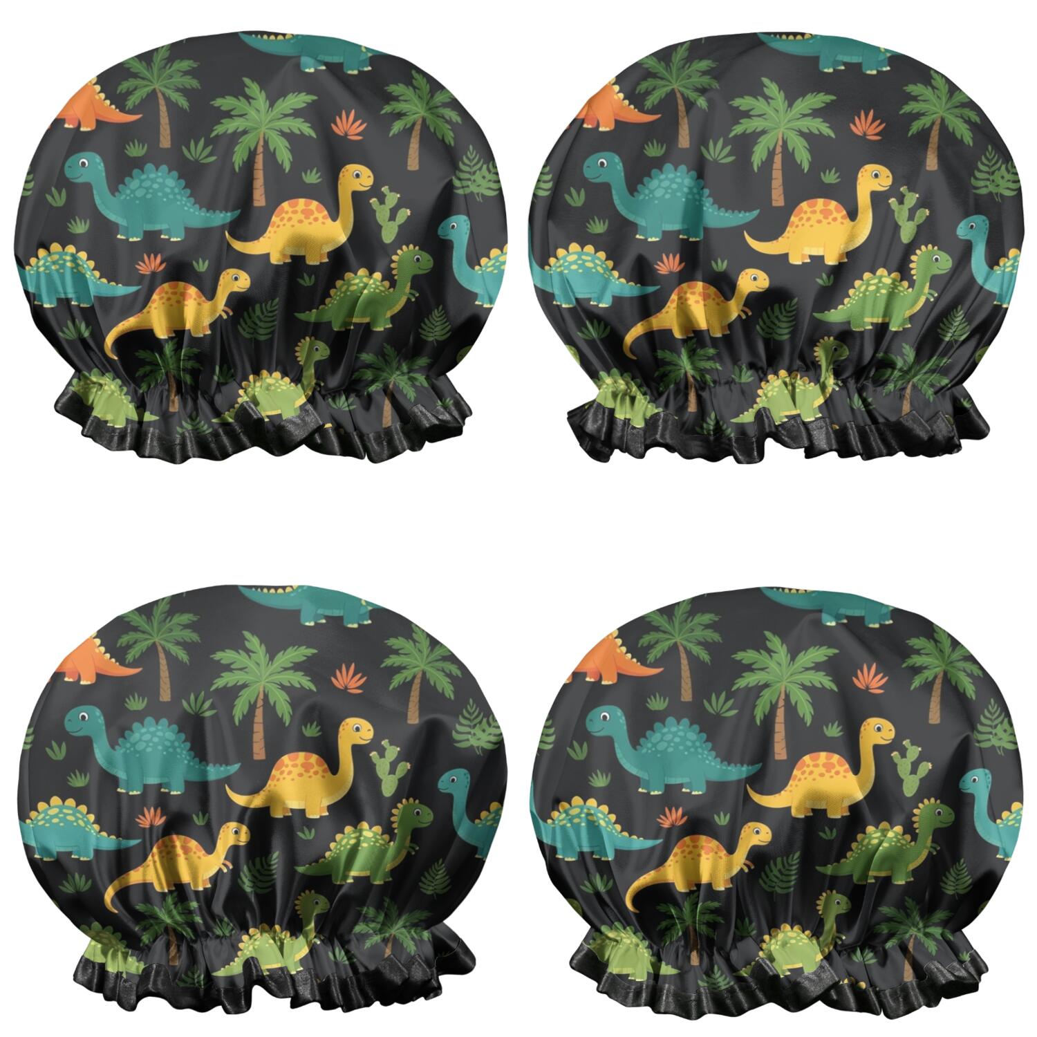 Shower Caps,Black Colorful Dinosaurs Pattern Waterproof Shower Cap for Women 4 Pieces,Double Reusable Hair Cover for Shower PEVA Elastic Stretch Hem