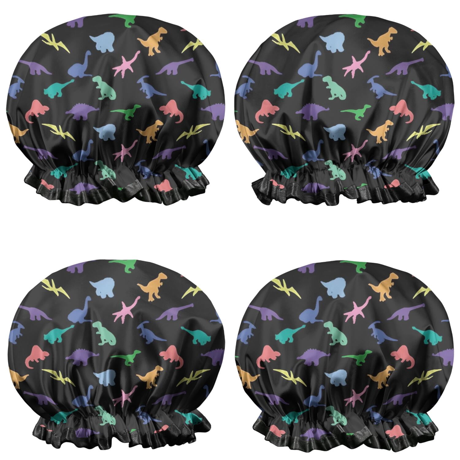 Shower Caps,Black Colorful Dinosaurs Silhouettes Pattern Waterproof Shower Cap for Women 4 Pieces,Double Reusable Hair Cover for Shower PEVA Elastic Stretch Hem