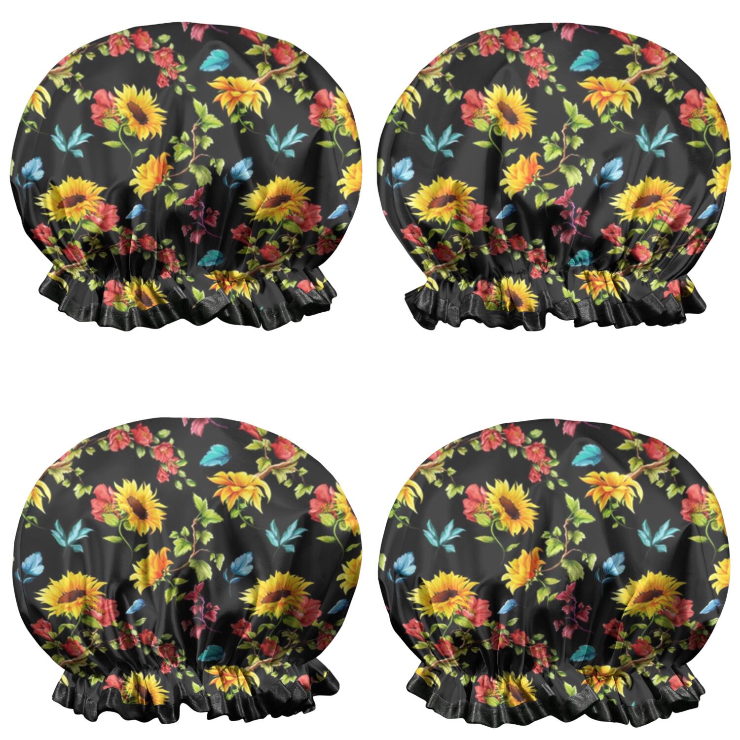 Shower Caps,Black Colorful Flower Sunflower Pattern Waterproof Shower Cap for Women 4 Pieces,Double Reusable Hair Cover for Shower PEVA Elastic Stretch Hem