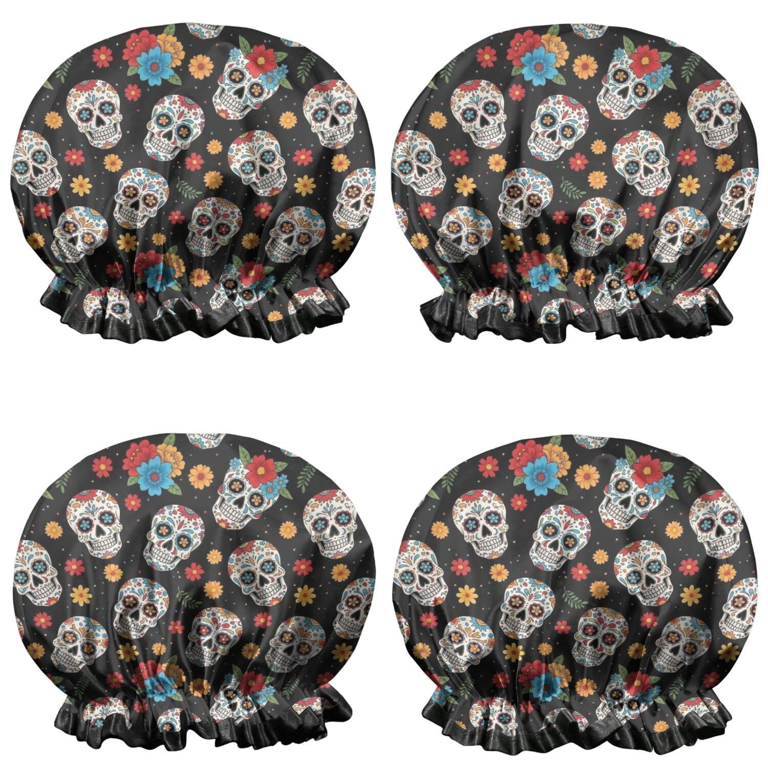 Shower Caps,Black Colorful Skull Flower Pattern Waterproof Shower Cap for Women 4 Pieces,Double Reusable Hair Cover for Shower PEVA Elastic Stretch Hem