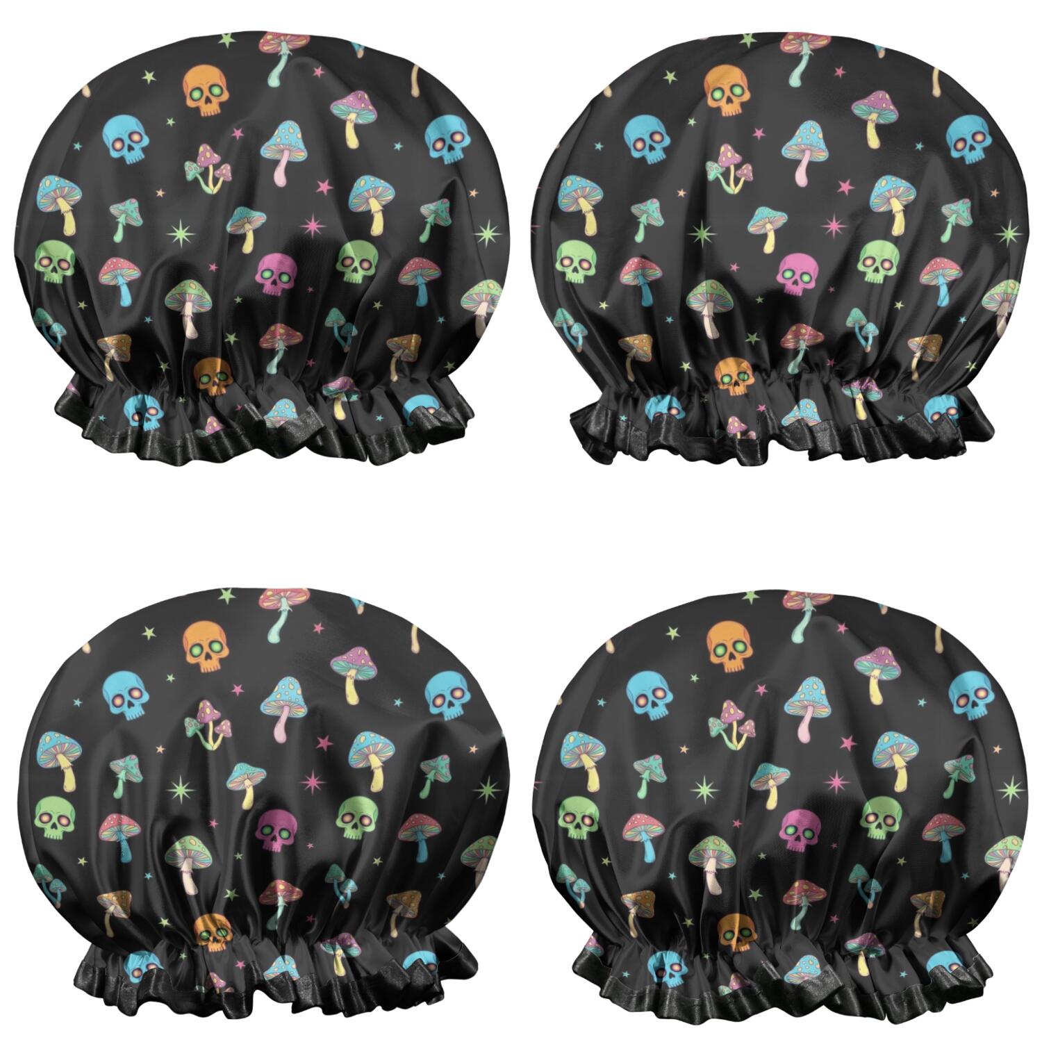 Shower Caps,Black Colorful Skull Mushroom Pattern Waterproof Shower Cap for Women 4 Pieces,Double Reusable Hair Cover for Shower PEVA Elastic Stretch Hem