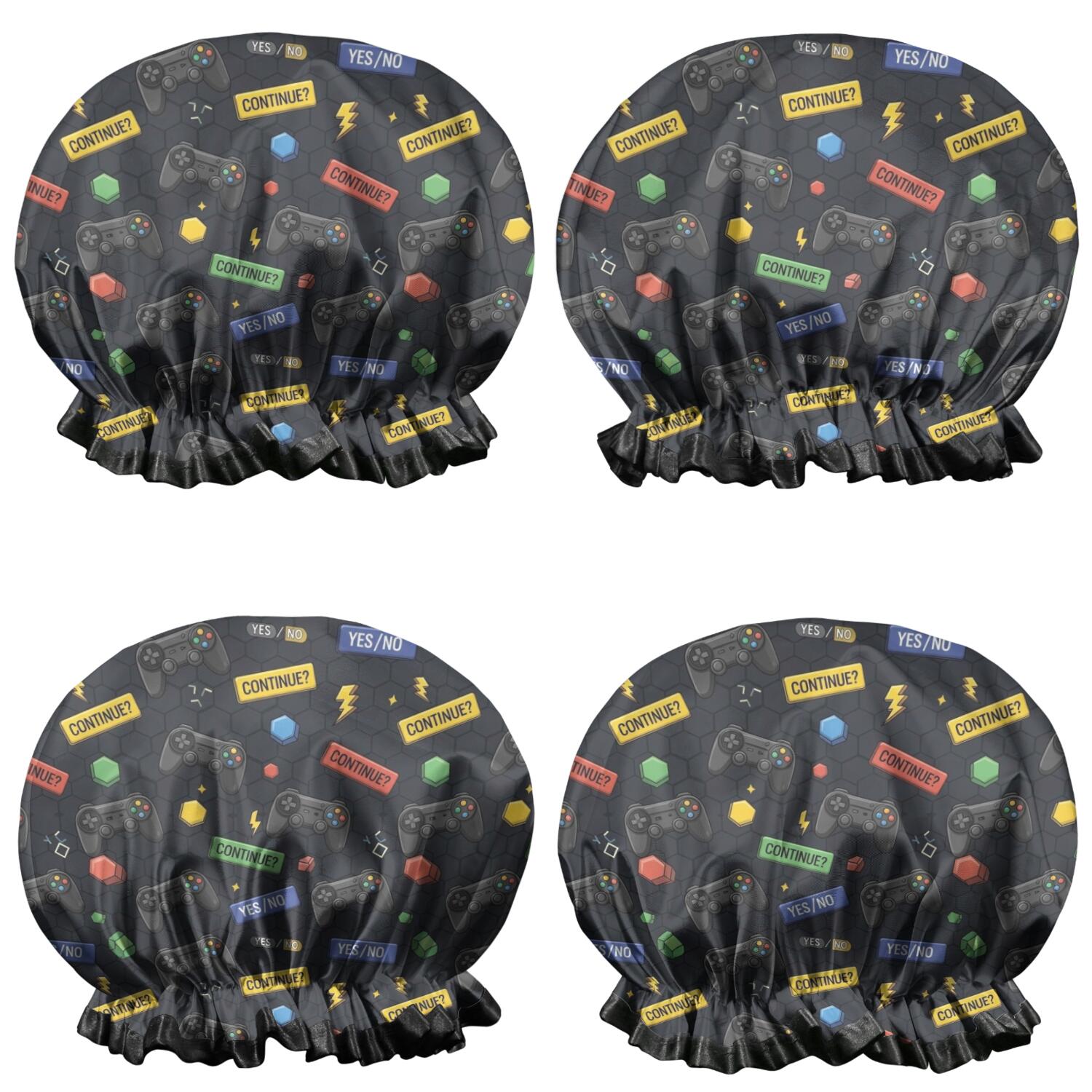 Shower Caps,Black Controllers Games Icons Black Pattern Waterproof Shower Cap for Women 4 Pieces,Double Reusable Hair Cover for Shower PEVA Elastic Stretch Hem