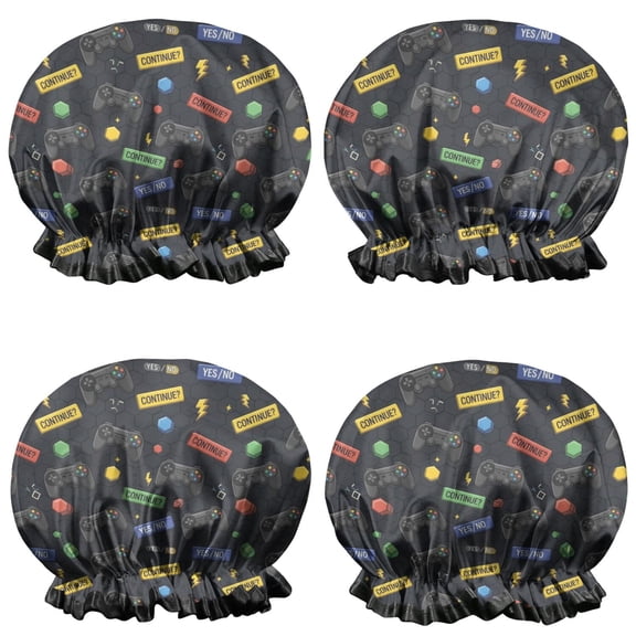 Shower Caps,Black Controllers Games Icons Black Pattern Waterproof Shower Cap for Women 4 Pieces,Double Reusable Hair Cover for Shower PEVA Elastic Stretch Hem