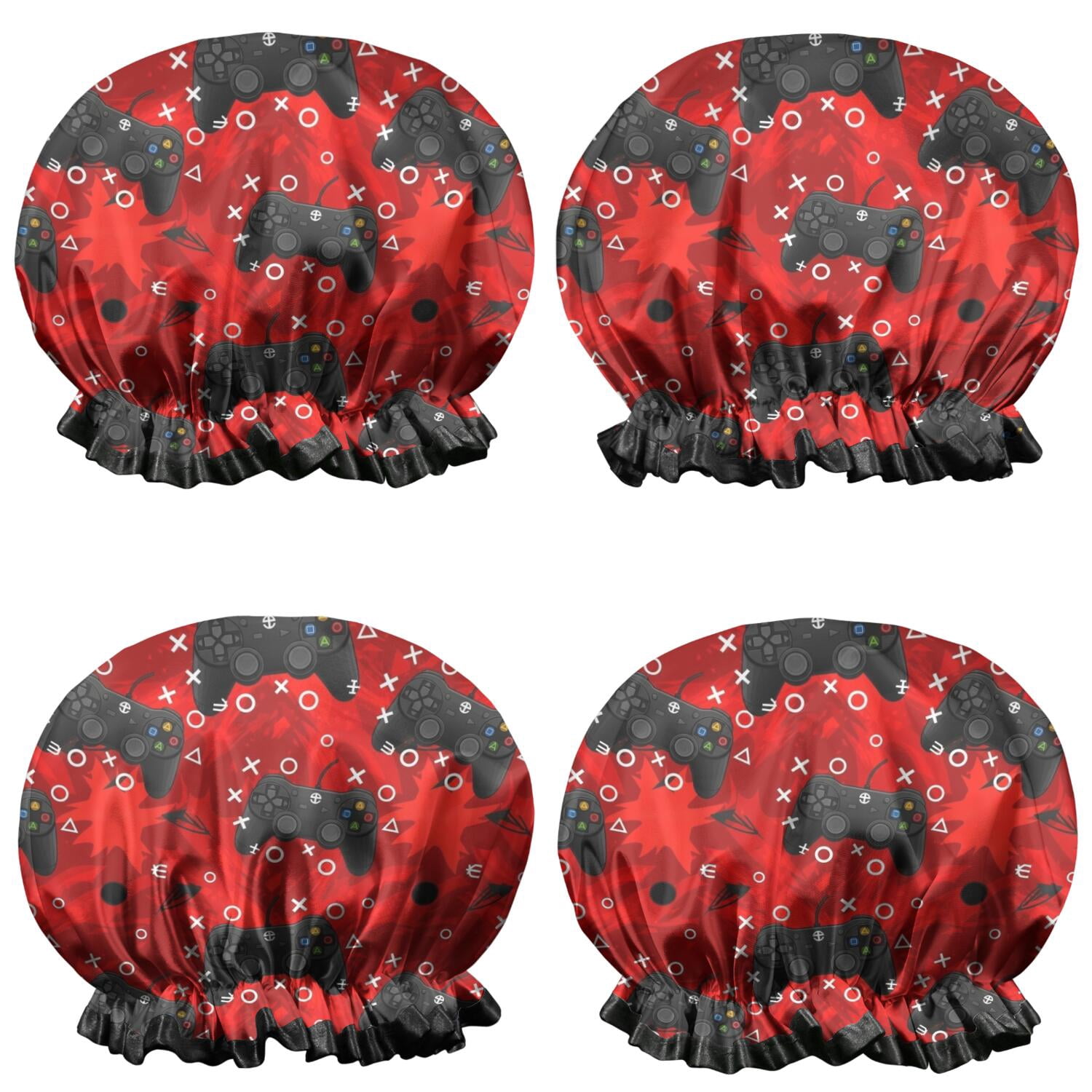 Shower Caps,Black Controllers Games Icons Red Pattern Waterproof Shower Cap for Women 4 Pieces,Double Reusable Hair Cover for Shower PEVA Elastic Stretch Hem